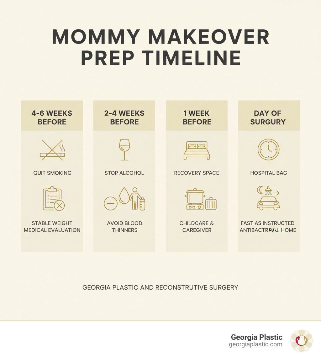 Infographic showing the mommy makeover preparation timeline: 4-6 weeks before (quit smoking, achieve stable weight, medical evaluation), 2-4 weeks before (stop alcohol, avoid blood thinners, arrange childcare and caregiver), 1 week before (prepare recovery space, stock meals, pack hospital bag), day of surgery (fast as instructed, shower with antibacterial soap, arrange ride home) - preparing for mommy makeover infographic Infographic showing the mommy makeover preparation timeline: 4-6 weeks before (quit smoking, achieve stable weight, medical evaluation), 2-4 weeks before (stop alcohol, avoid blood thinners, arrange childcare and caregiver), 1 week before (prepare recovery space, stock meals, pack hospital bag), day of surgery (fast as instructed, shower with antibacterial soap, arrange ride home) - preparing for mommy makeover infographic