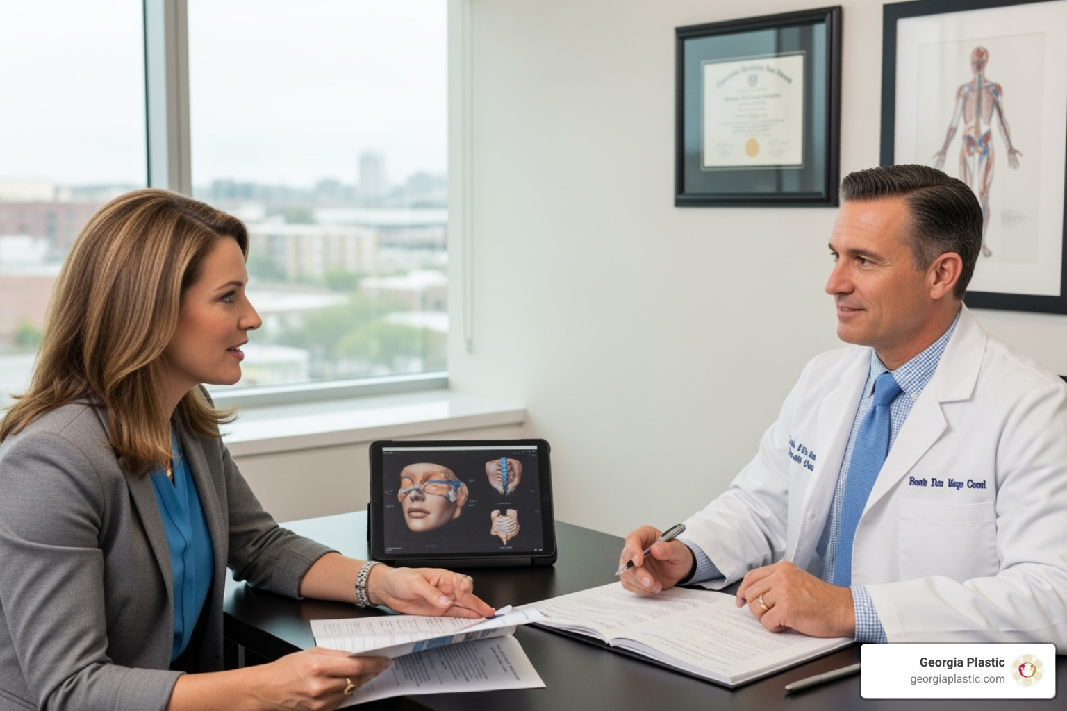 Woman consulting with a plastic surgeon - preparing for mommy makeover Woman consulting with a plastic surgeon - preparing for mommy makeover