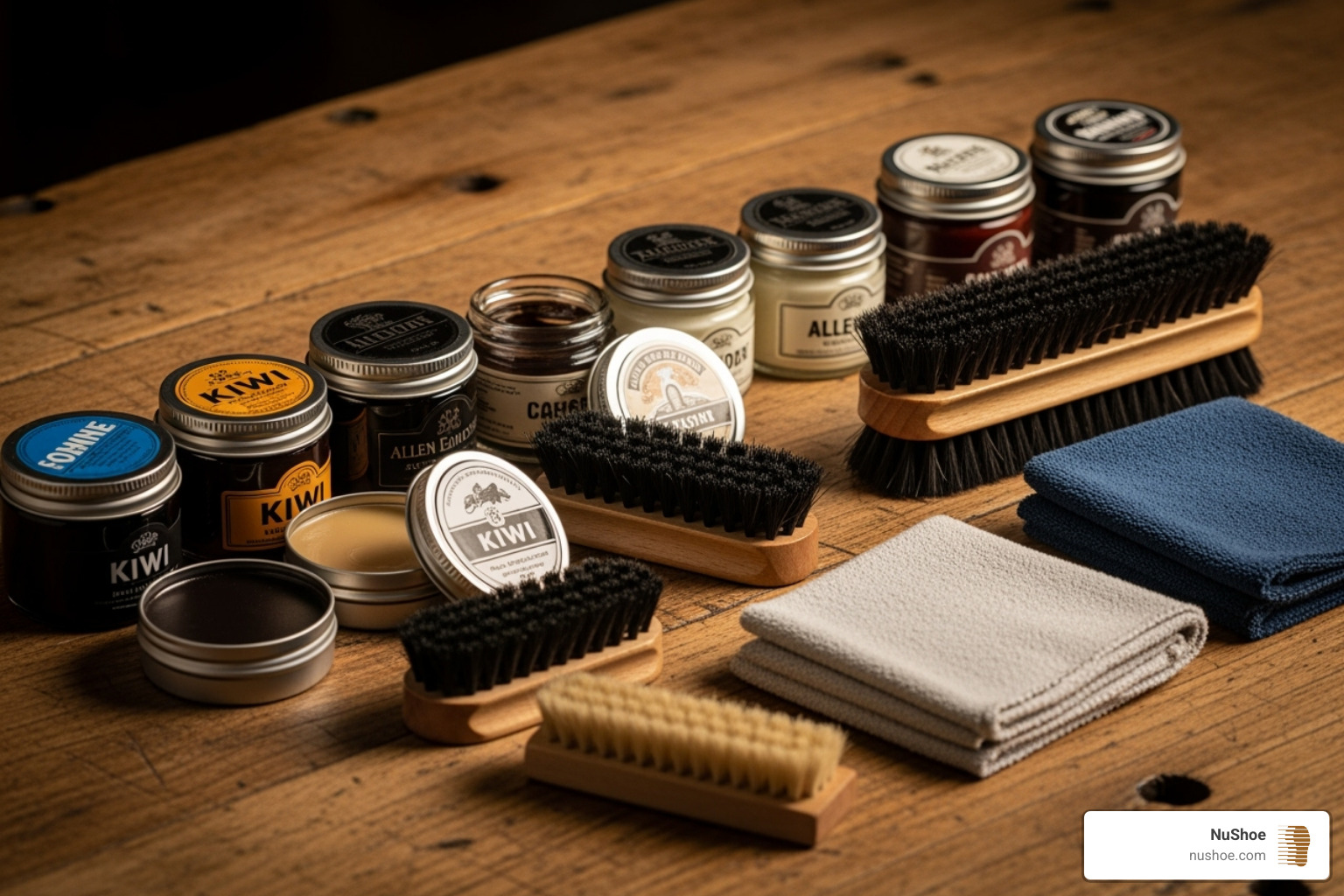 various shoe shine products like wax polish, cream polish, brushes, and cloths - shoe shiner near me