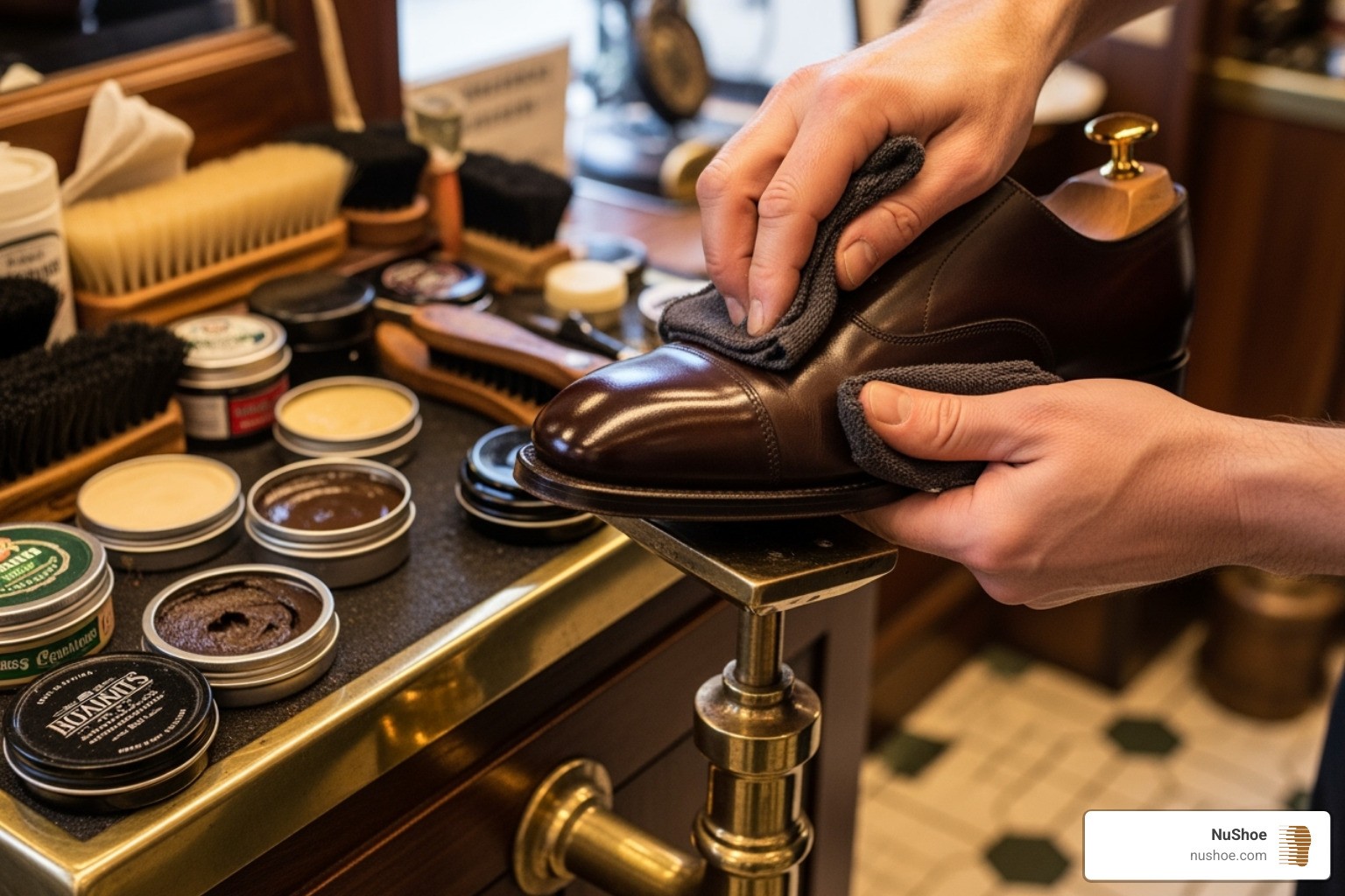 professional shoe shiner at work on a classic shoe shine stand - shoe shiner near me
