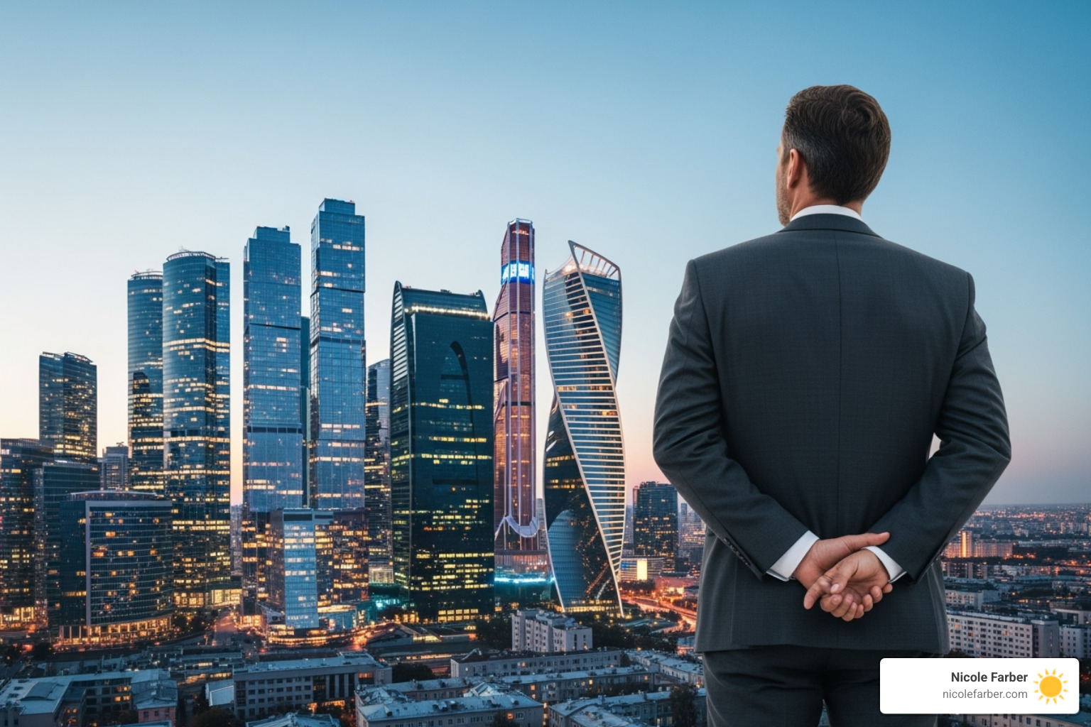 confident leader looking towards a bright city skyline - Business strategy coaching confident leader looking towards a bright city skyline - Business strategy coaching