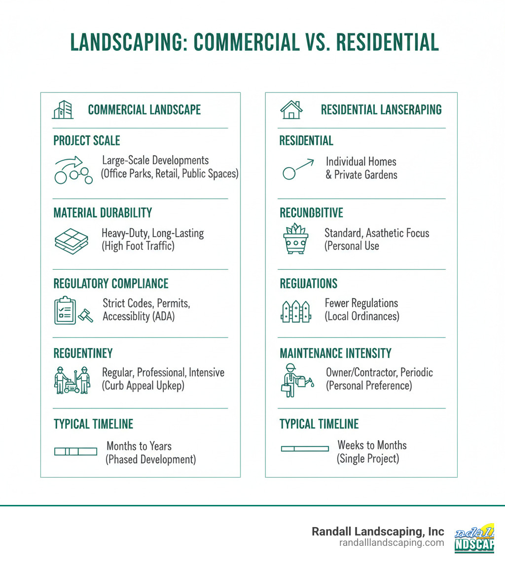 Infographic showing the key differences between commercial landscape construction and residential landscaping, including project scale, material durability requirements, regulatory compliance, maintenance intensity, and typical timeline differences - commercial landscape construction contractor infographic Infographic showing the key differences between commercial landscape construction and residential landscaping, including project scale, material durability requirements, regulatory compliance, maintenance intensity, and typical timeline differences - commercial landscape construction contractor infographic