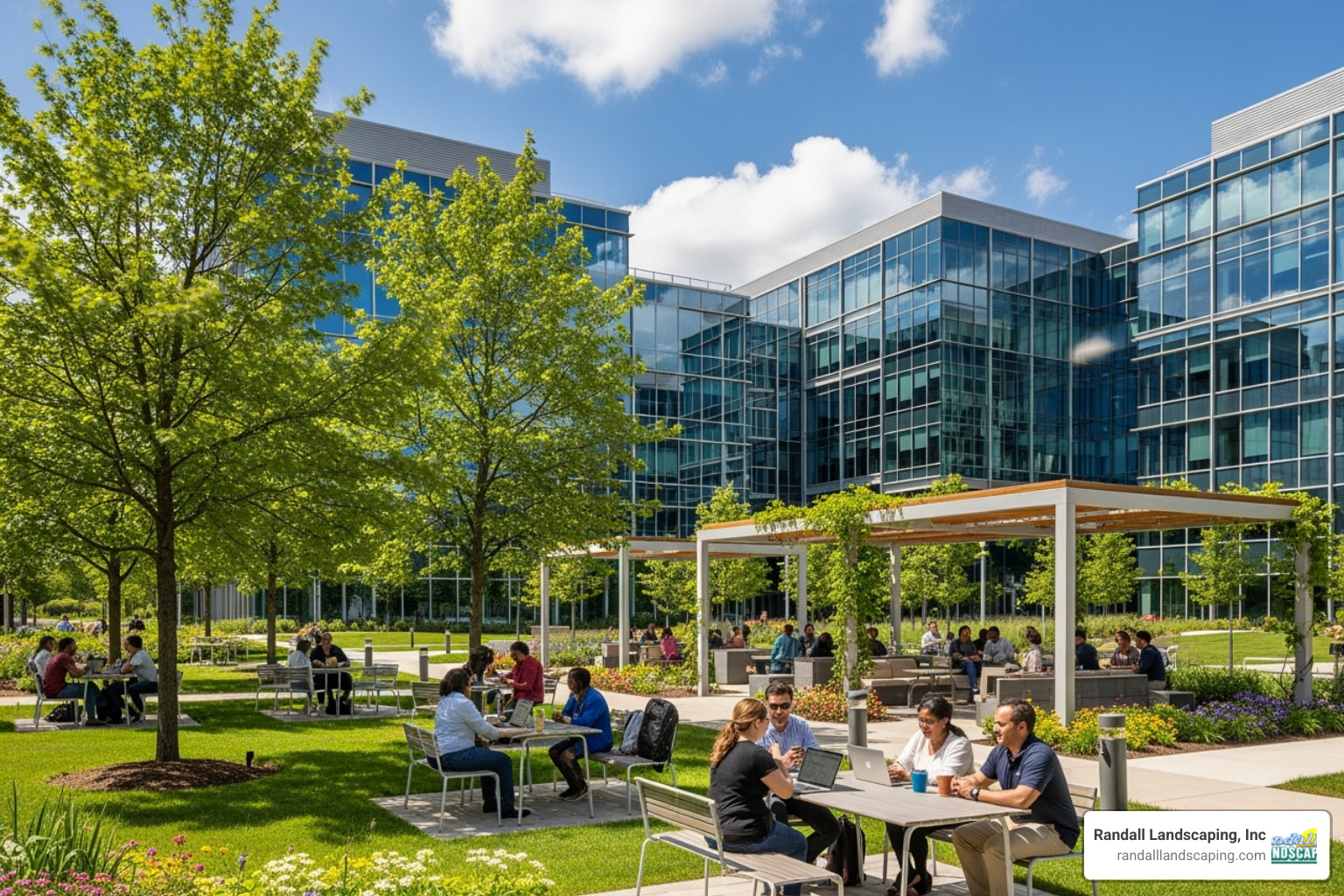 vibrant corporate campus with employees enjoying an outdoor seating area - commercial landscape construction contractor vibrant corporate campus with employees enjoying an outdoor seating area - commercial landscape construction contractor
