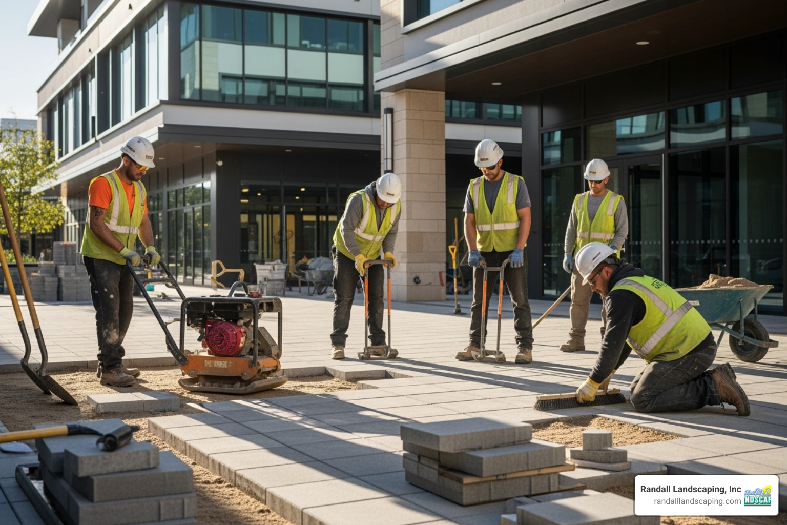 construction crew installing large paving stones for a commercial plaza - commercial landscape construction contractor construction crew installing large paving stones for a commercial plaza - commercial landscape construction contractor