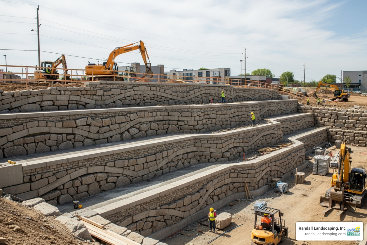 complex retaining wall being built on a commercial site - commercial landscape construction contractor complex retaining wall being built on a commercial site - commercial landscape construction contractor