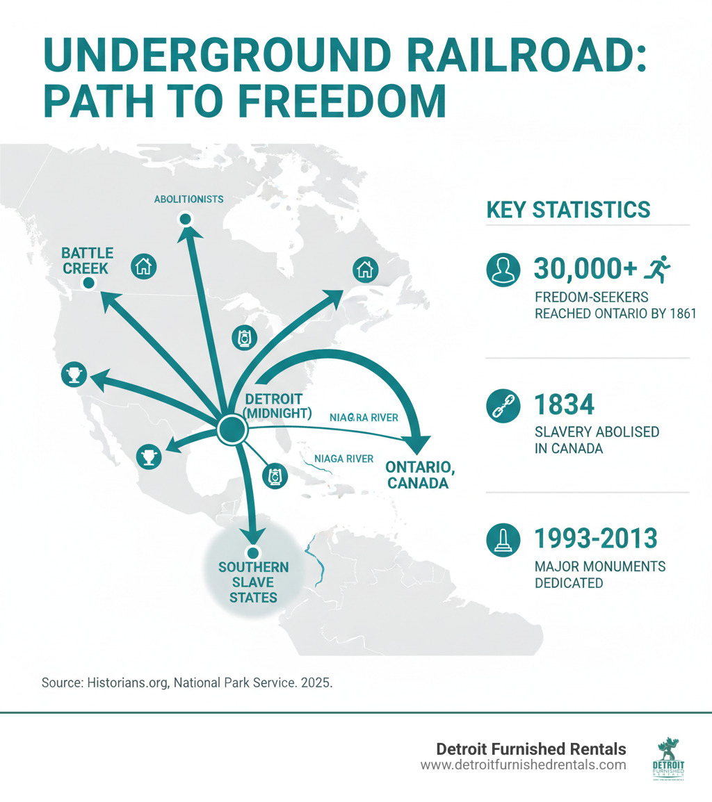 Infographic showing the Underground Railroad routes from southern slave states through major terminals like Detroit (code name: Midnight), Lewiston, and Battle Creek, with arrows pointing north to Canada across the Detroit River and Niagara River. Includes key statistics: 30,000 freedom-seekers reached Ontario by 1861, slavery abolished in Canada in 1834, and major monuments dedicated between 1993-2013. Features icons representing abolitionists, freedom seekers, conductors, and safe houses along the network. - underground railroad statue infographic 
