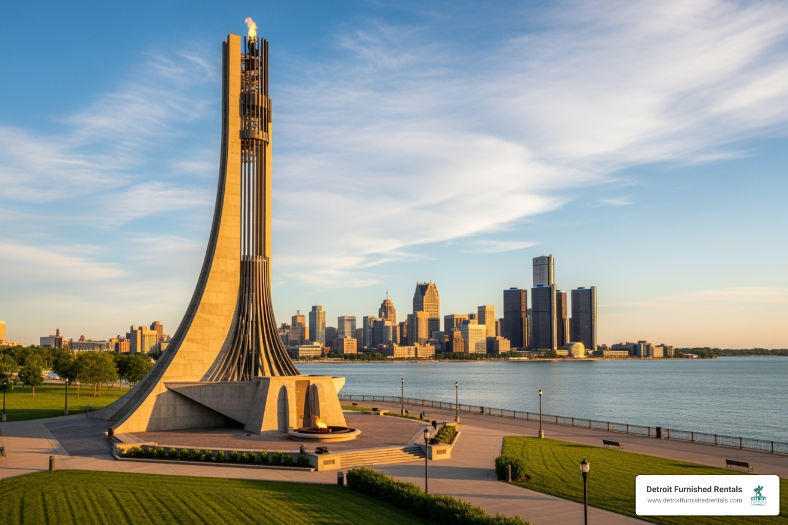 Tower of Freedom monument in Windsor, looking across the river to Detroit - underground railroad statue