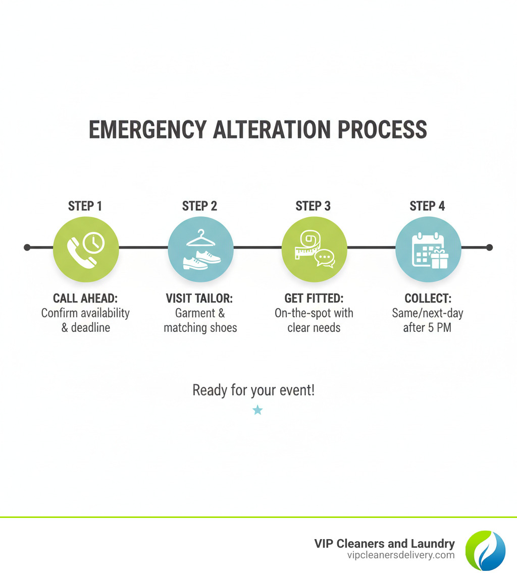 Infographic showing the 4-step emergency alteration process: Step 1 - Call ahead to confirm availability and explain your deadline. Step 2 - Visit the tailor with your garment and matching shoes for accurate fitting. Step 3 - Get fitted on the spot with clear communication about what you need. Step 4 - Collect your perfectly altered garment same-day or next-day after 5 PM, ready for your event. - emergency tailor san diego infographic Infographic showing the 4-step emergency alteration process: Step 1 - Call ahead to confirm availability and explain your deadline. Step 2 - Visit the tailor with your garment and matching shoes for accurate fitting. Step 3 - Get fitted on the spot with clear communication about what you need. Step 4 - Collect your perfectly altered garment same-day or next-day after 5 PM, ready for your event. - emergency tailor san diego infographic