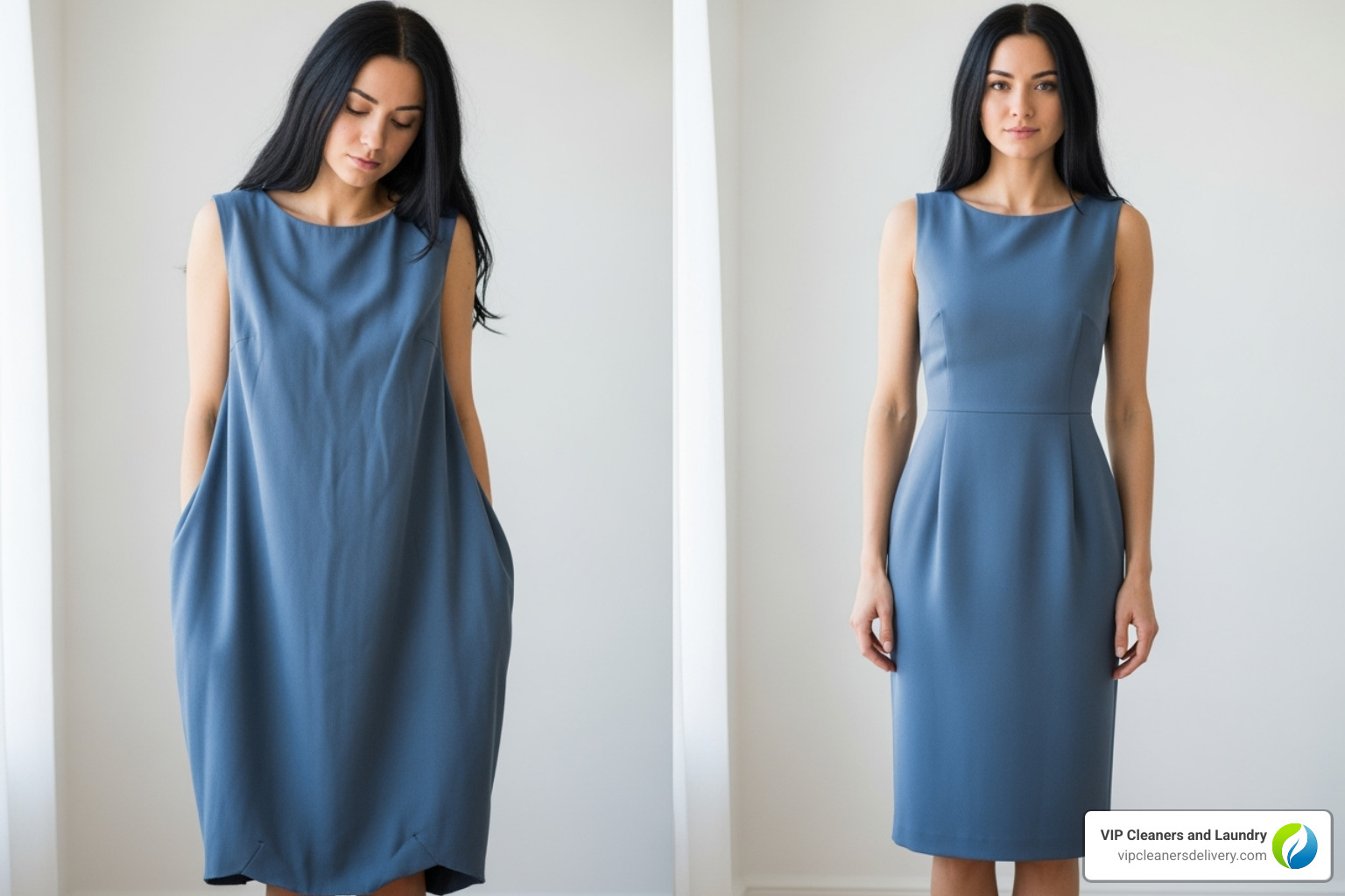 before-and-after split of a poorly fitting dress vs. a perfectly custom one - emergency tailor san diego before-and-after split of a poorly fitting dress vs. a perfectly custom one - emergency tailor san diego