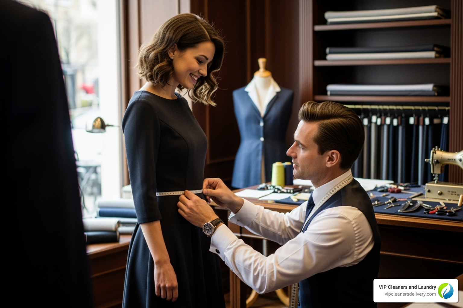 customer smiling while being fitted by a tailor - emergency tailor san diego customer smiling while being fitted by a tailor - emergency tailor san diego