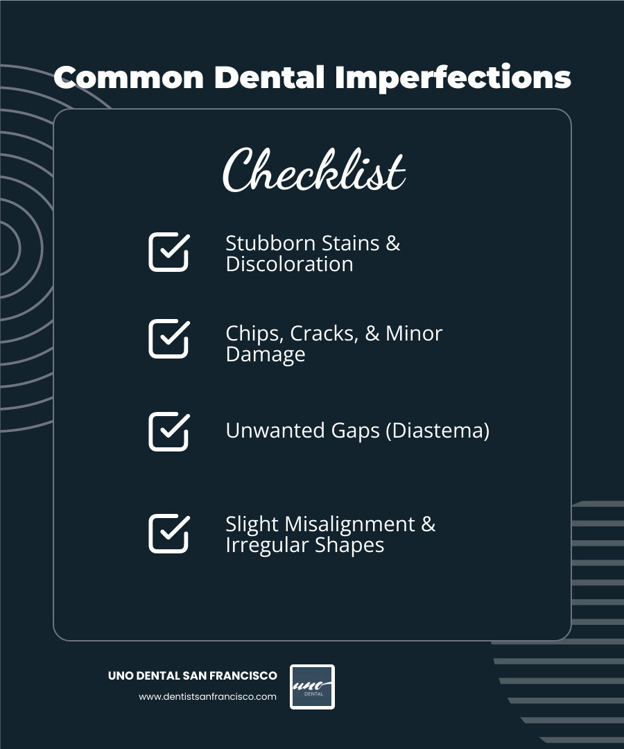 infographic explaining the common dental issues veneers can correct, such as chips, gaps, stains, and misalignment - Custom dental veneers infographic checklist-dark-blue