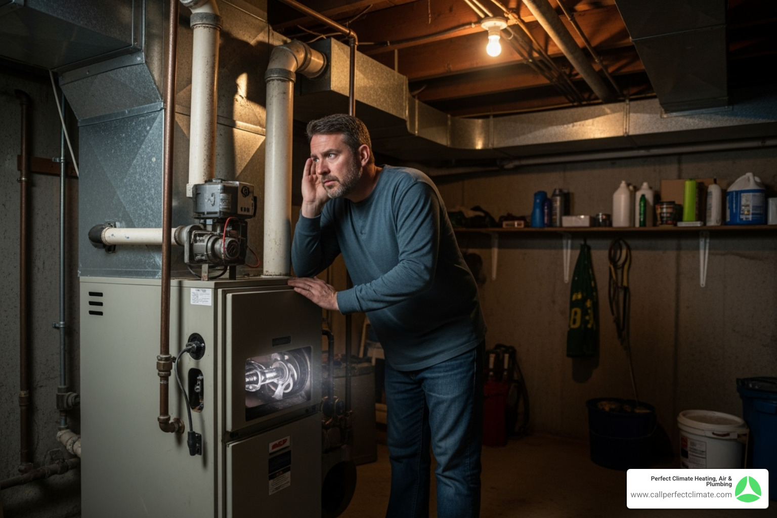 homeowner listening to a noisy furnace - heating maintenance service in boonville in
