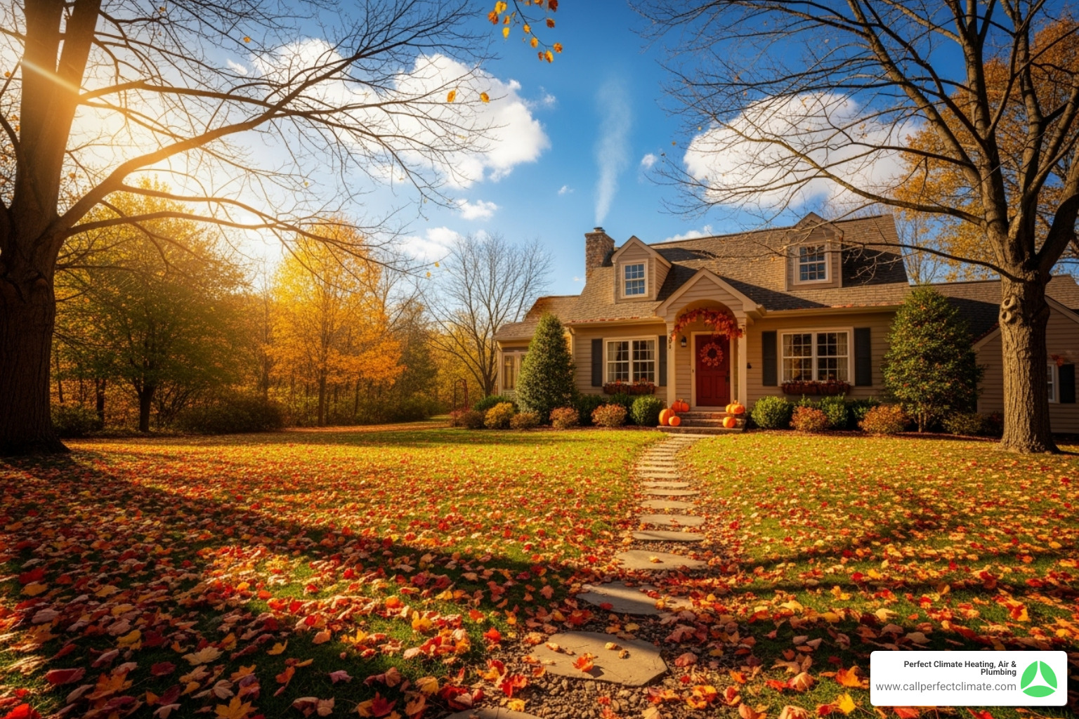autumn leaves with a house in the background - heating maintenance service in boonville in