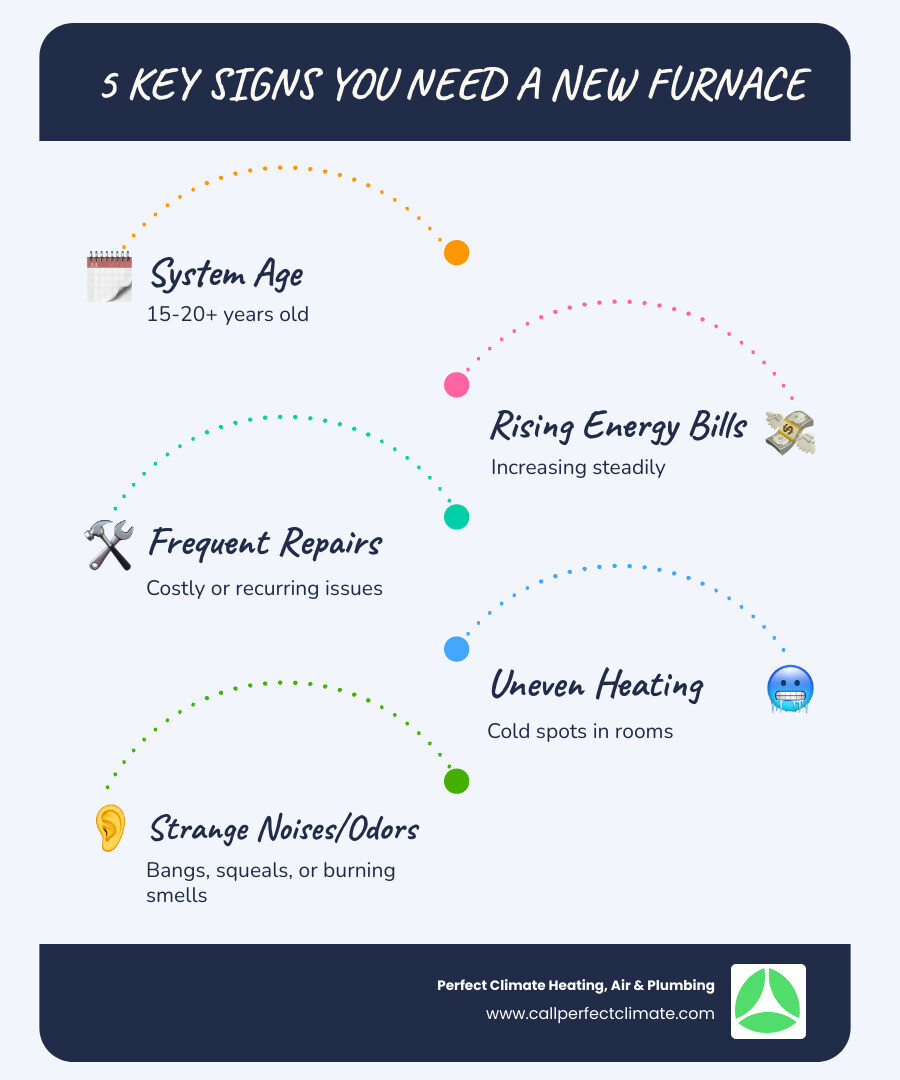 Infographic showing 5 key signs you need a new furnace: 1. System is 15-20+ years old 2. Energy bills increasing steadily 3. Frequent or costly repairs 4. Uneven heating between rooms 5. Strange noises or odors from furnace - heating replacement in evansville in infographic infographic-line-5-steps-blues-accent_colors