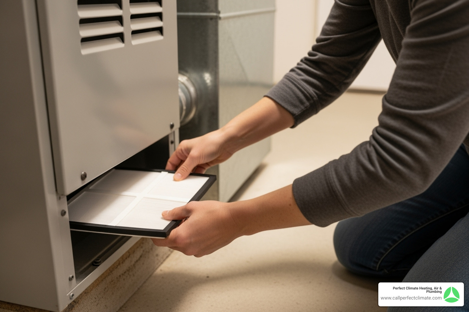 homeowner replacing a furnace air filter - heating maintenance service in chandler in