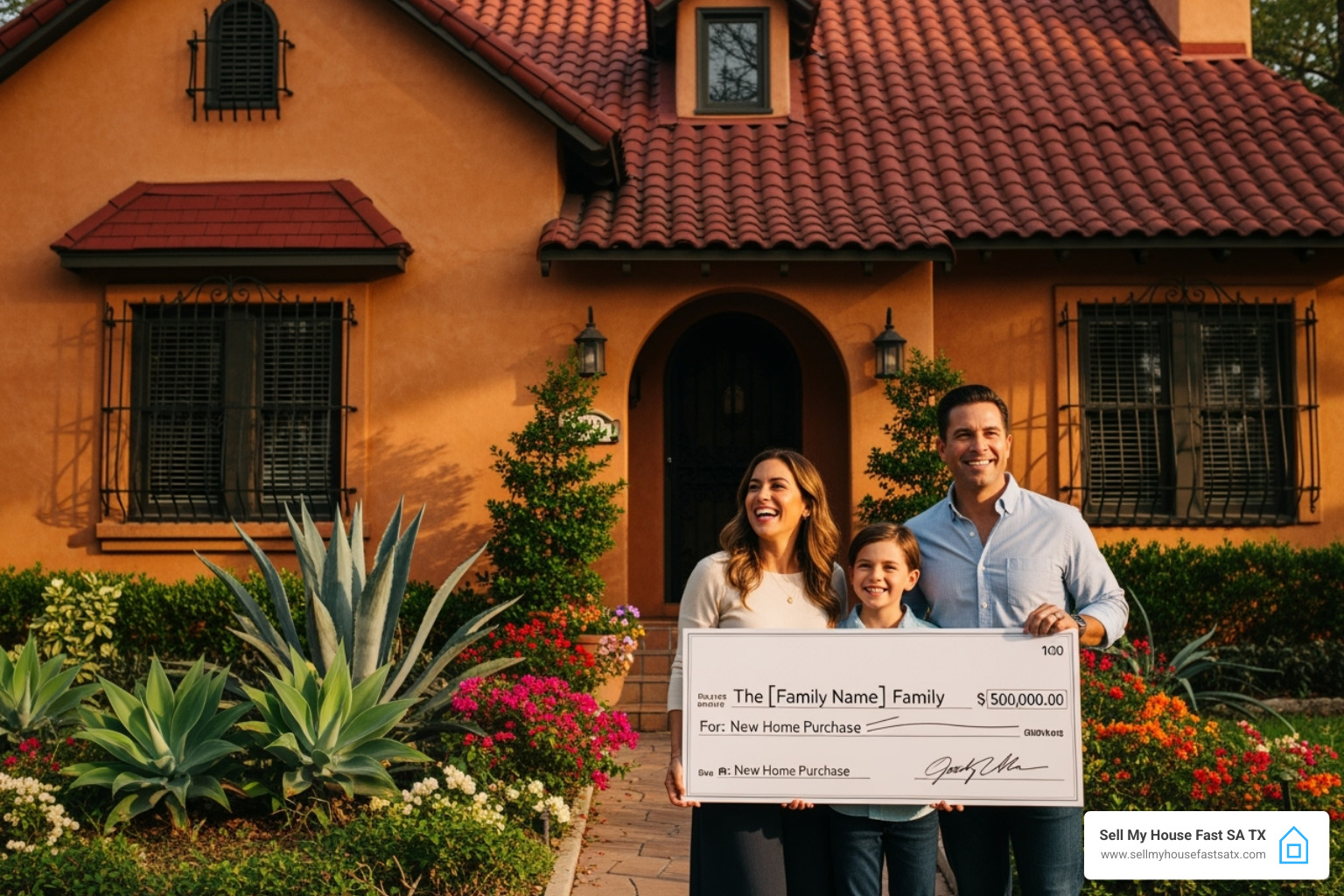 A happy family receiving a check in front of their former San Antonio home, now sold quickly and hassle-free - how much do you lose selling house as-is A happy family receiving a check in front of their former San Antonio home, now sold quickly and hassle-free - how much do you lose selling house as-is