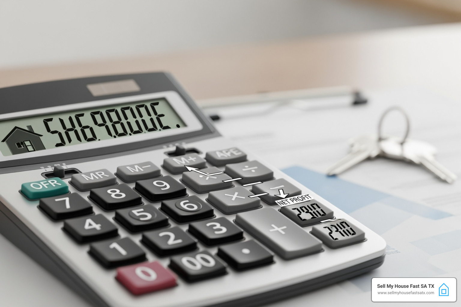 A calculator displaying subtractions for commissions, repairs, and closing costs - how much do you lose selling house as-is A calculator displaying subtractions for commissions, repairs, and closing costs - how much do you lose selling house as-is
