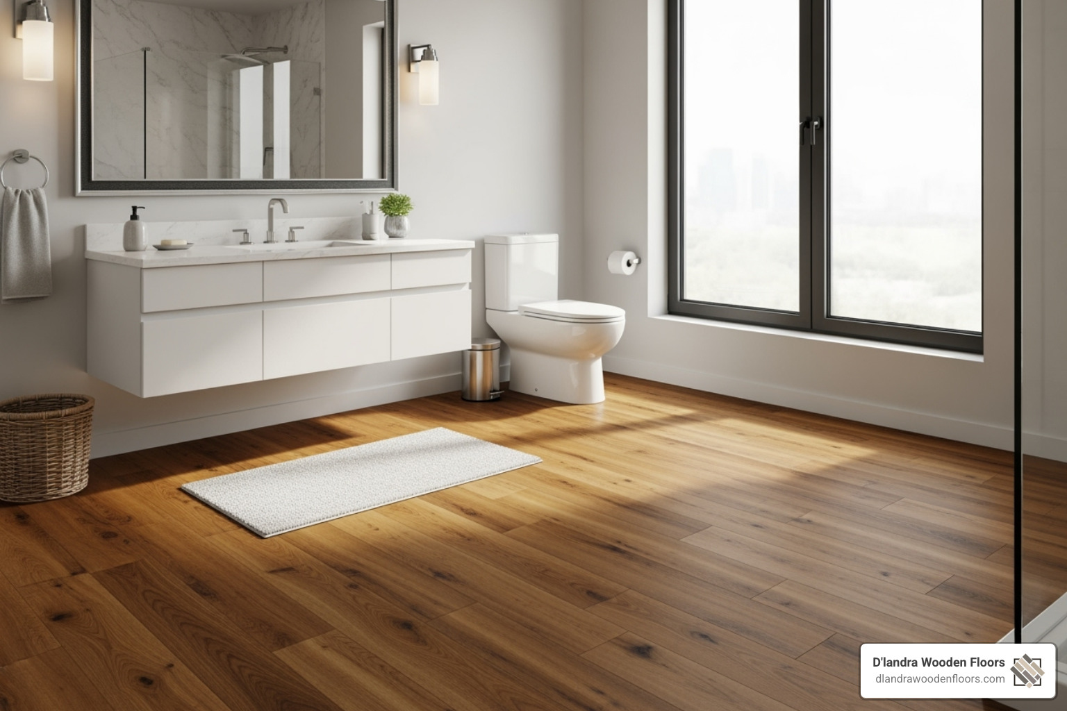 A neat bathroom with wood-look luxury vinyl flooring, demonstrating how this material can provide the aesthetic of natural wood with enhanced moisture resistance. - Bathroom flooring ideas