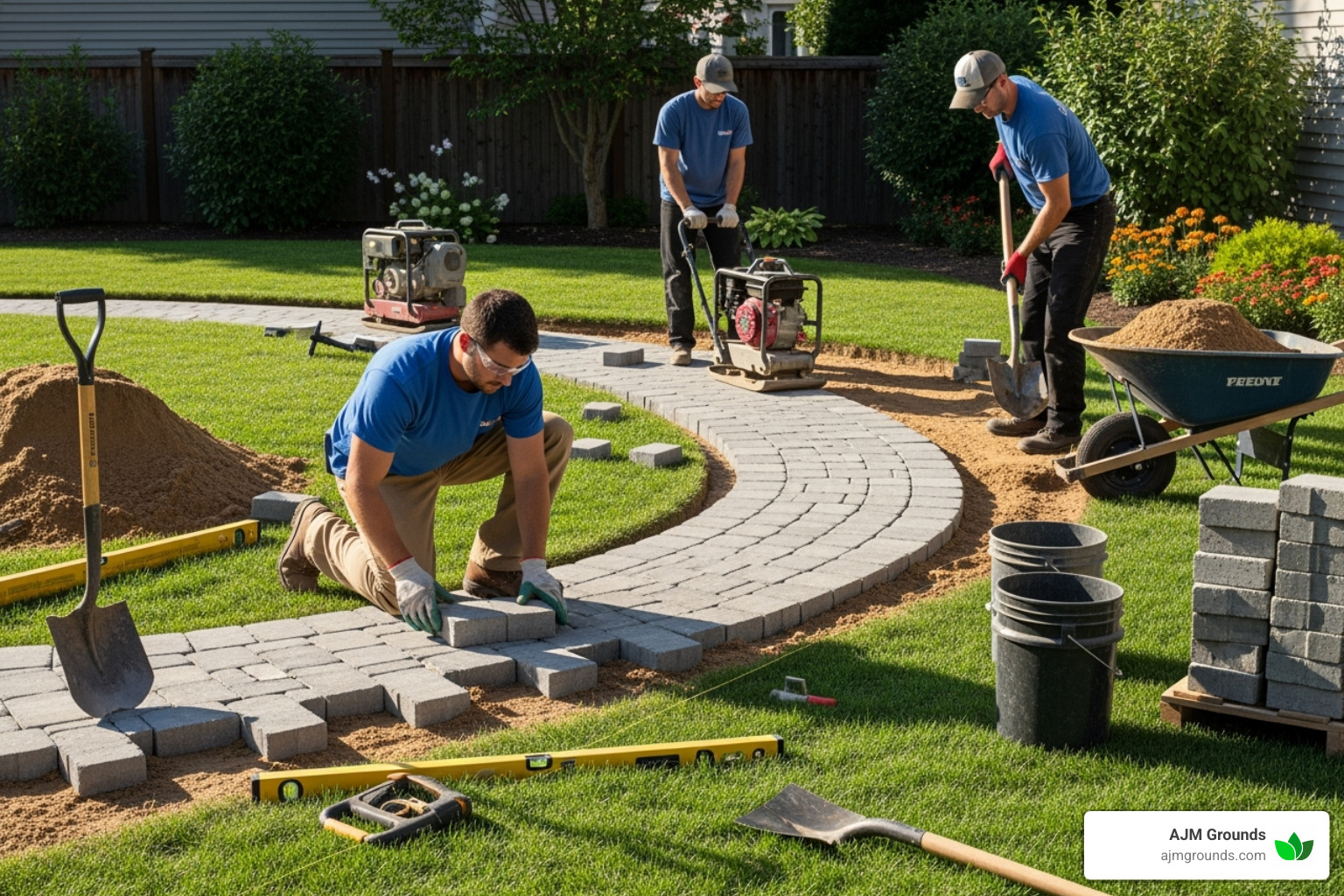 a professional crew installing a paver walkway - landscape contracting