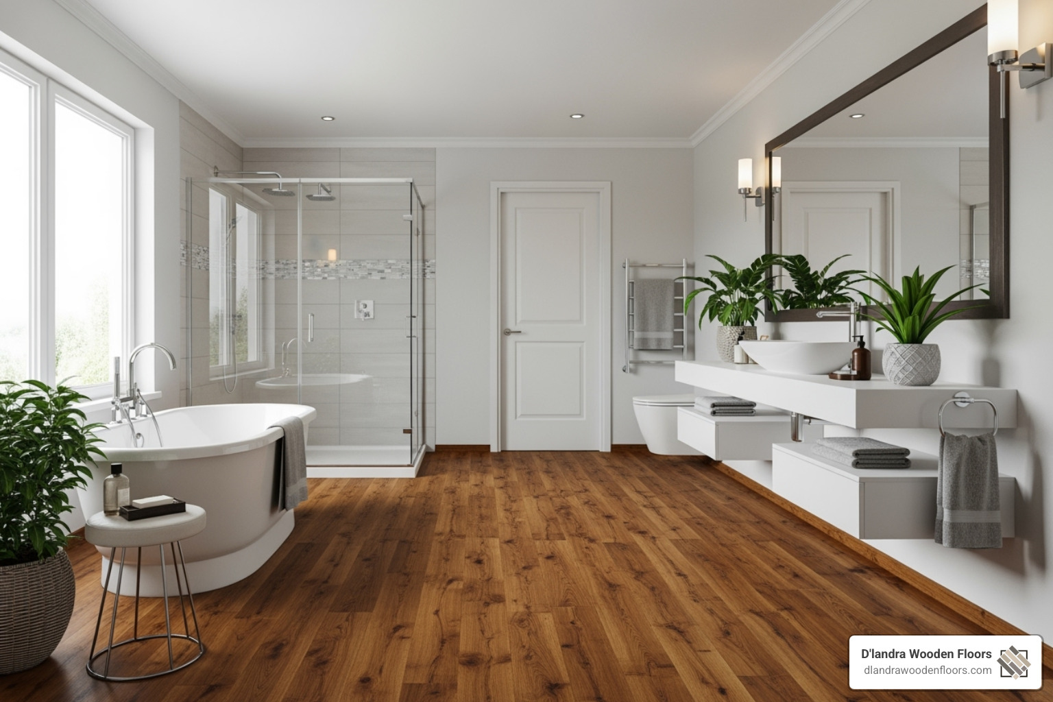 A bathroom with beautiful waterproof laminate flooring, showcasing its ability to combine aesthetics with functionality in a high-moisture environment. - Bathroom flooring ideas