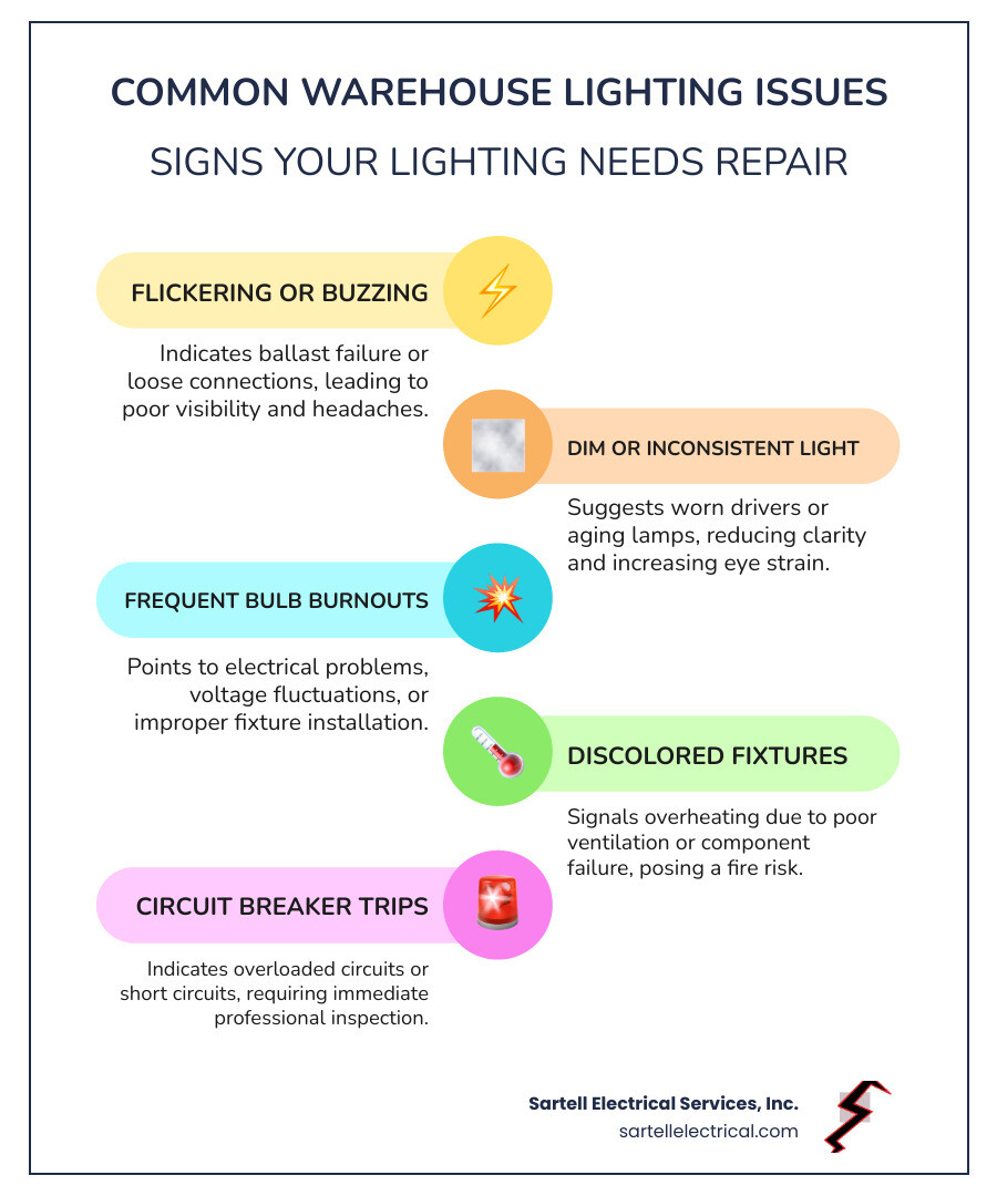Infographic showing common warehouse lighting issues and their warning signs: flickering or buzzing fixtures indicating ballast failure, dim or inconsistent light output suggesting worn drivers or lamps, frequent bulb burnouts pointing to electrical problems, discolored fixtures signaling overheating, and circuit breaker trips indicating overloaded circuits or short circuits - warehouse lighting repair infographic infographic-line-5-steps-colors
