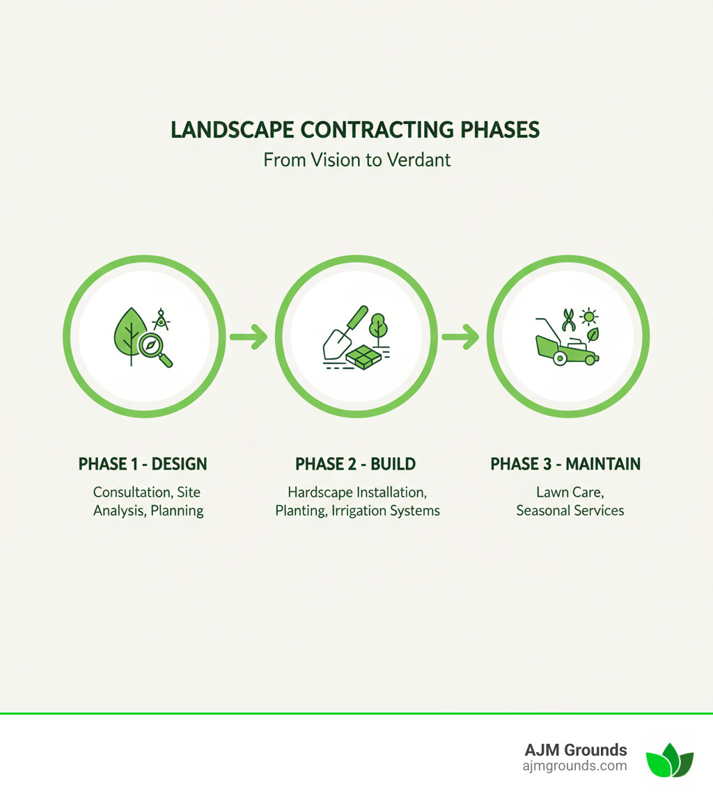 Infographic showing the three main phases of landscape contracting: Phase 1 - Design (consultation, site analysis, planning), Phase 2 - Build (hardscape installation, planting, irrigation systems), Phase 3 - Maintain (lawn care, pruning, seasonal services) - landscape contracting infographic 