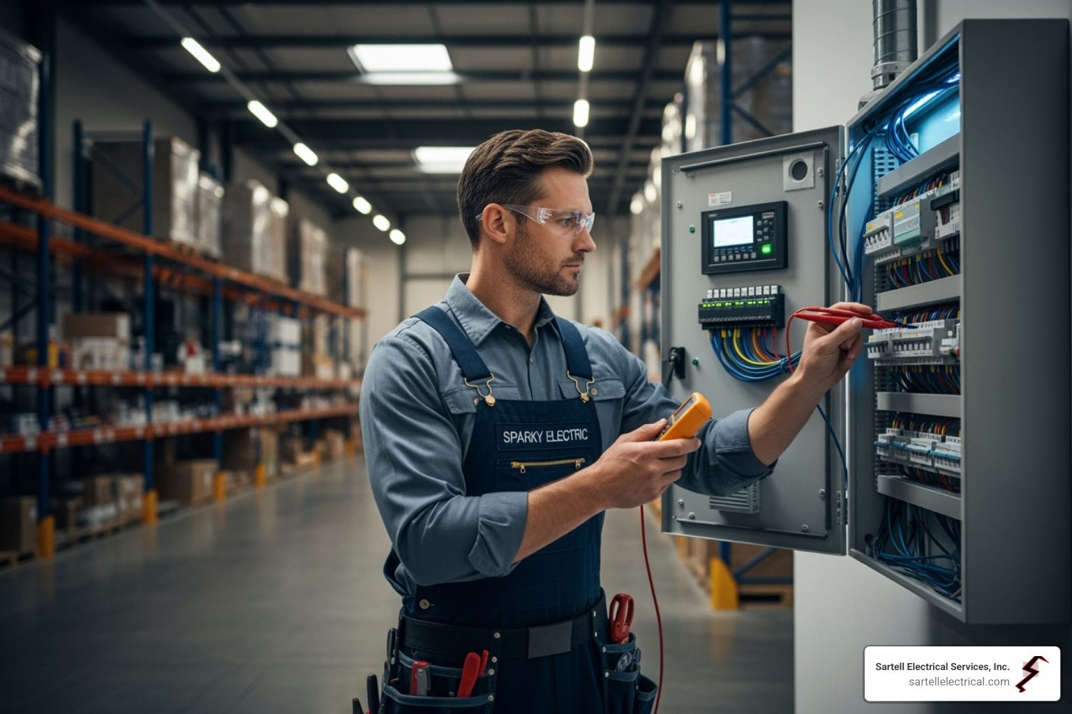 electrician checking lighting controls - warehouse lighting repair