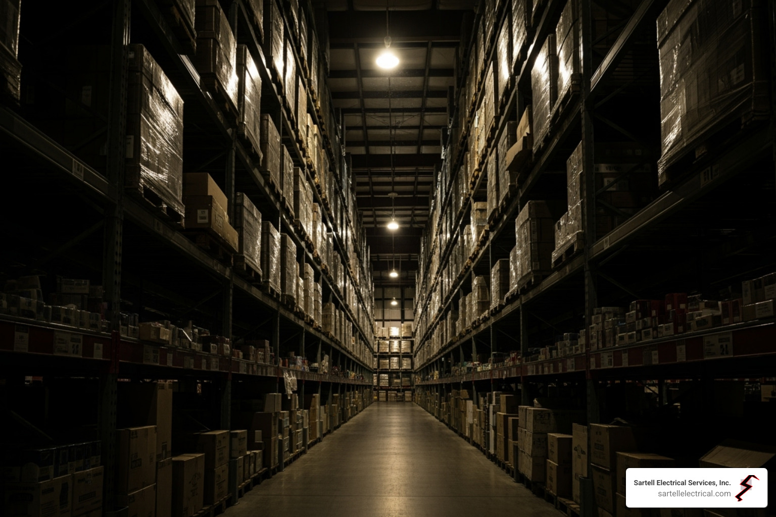 dimly lit warehouse aisle - warehouse lighting repair