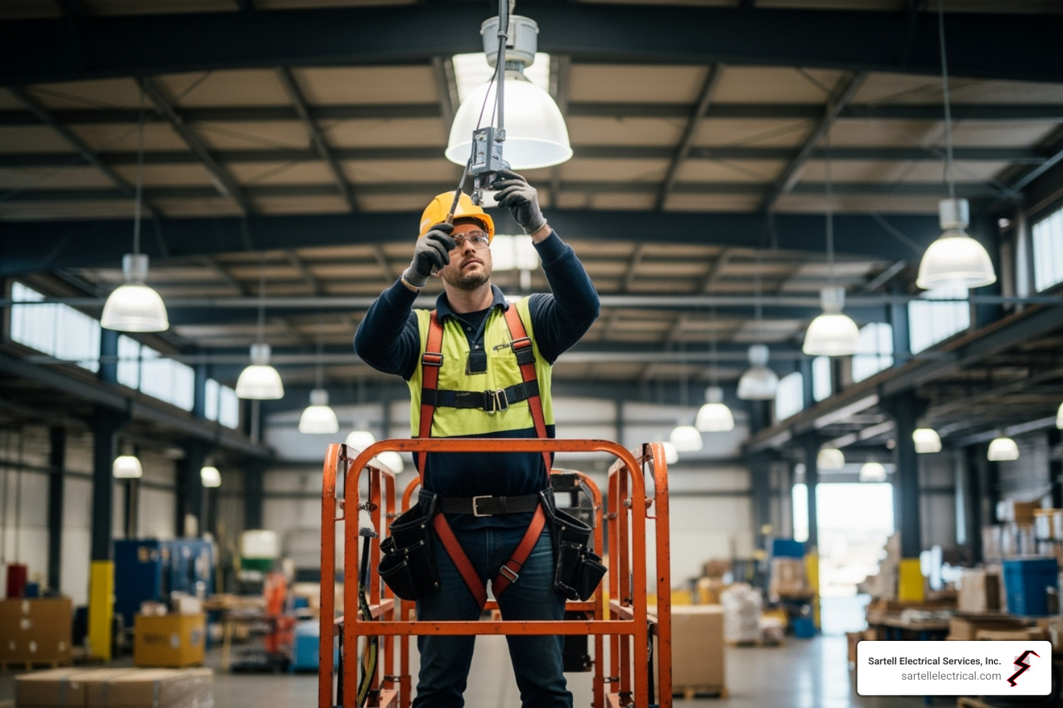 electrician repairing high-bay light - warehouse lighting repair