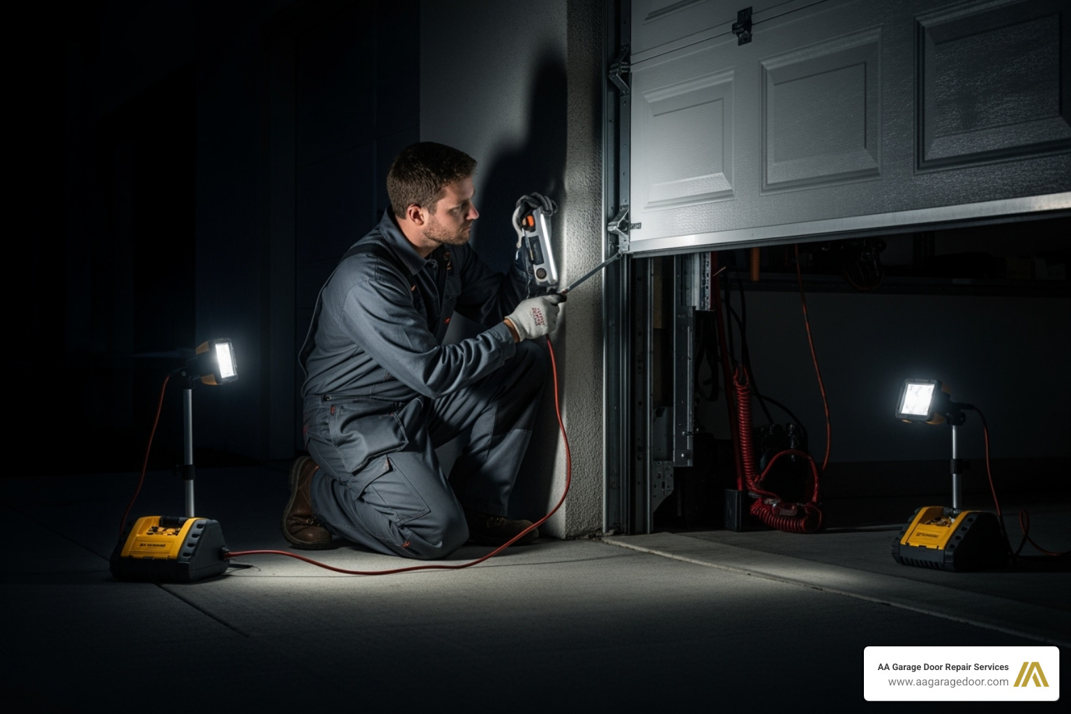Garage door being repaired at night - garage door company menomonie wi