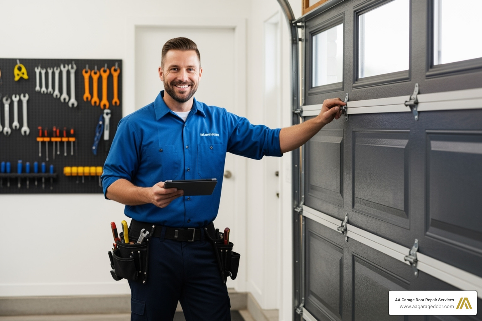 Friendly technician with company branding - garage door company menomonie wi
