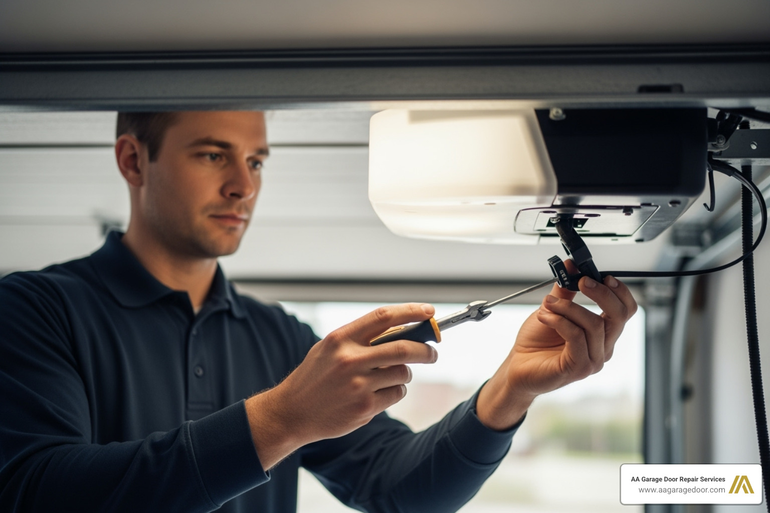 Technician installing garage door opener - garage door company menomonie wi