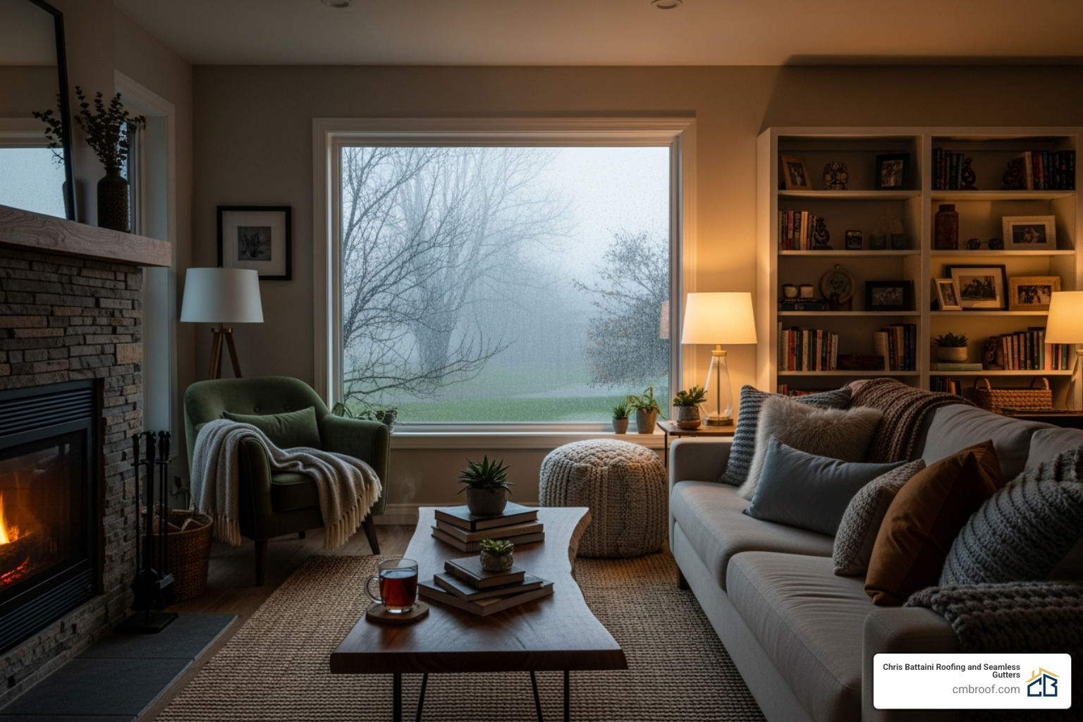 quiet, cozy living room under a metal roof during a rainstorm - Metal Roof Installation Companies