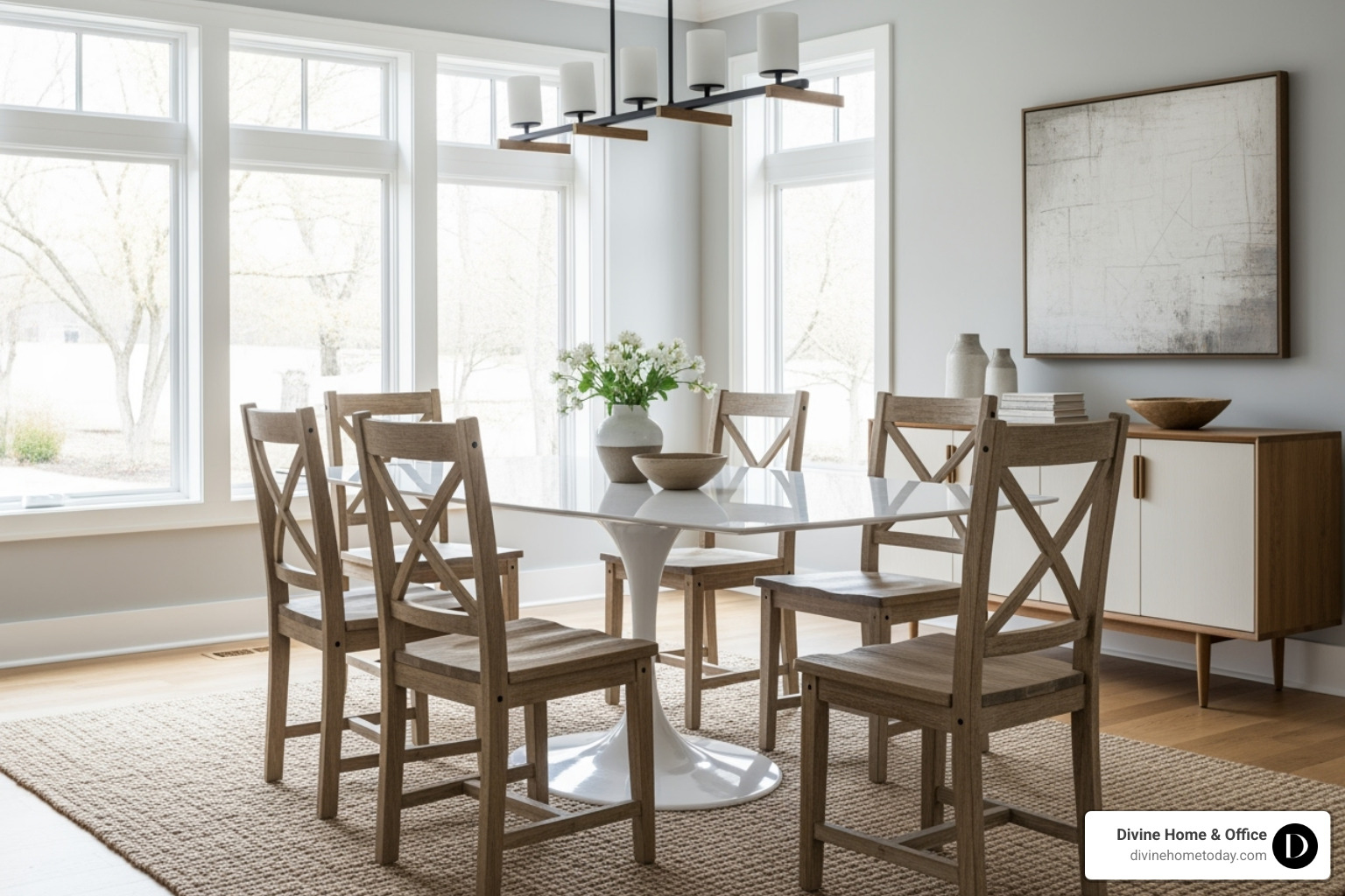A dining room with a sleek, tulip-style table surrounded by weathered wood chairs - mixing rustic with mid century modern