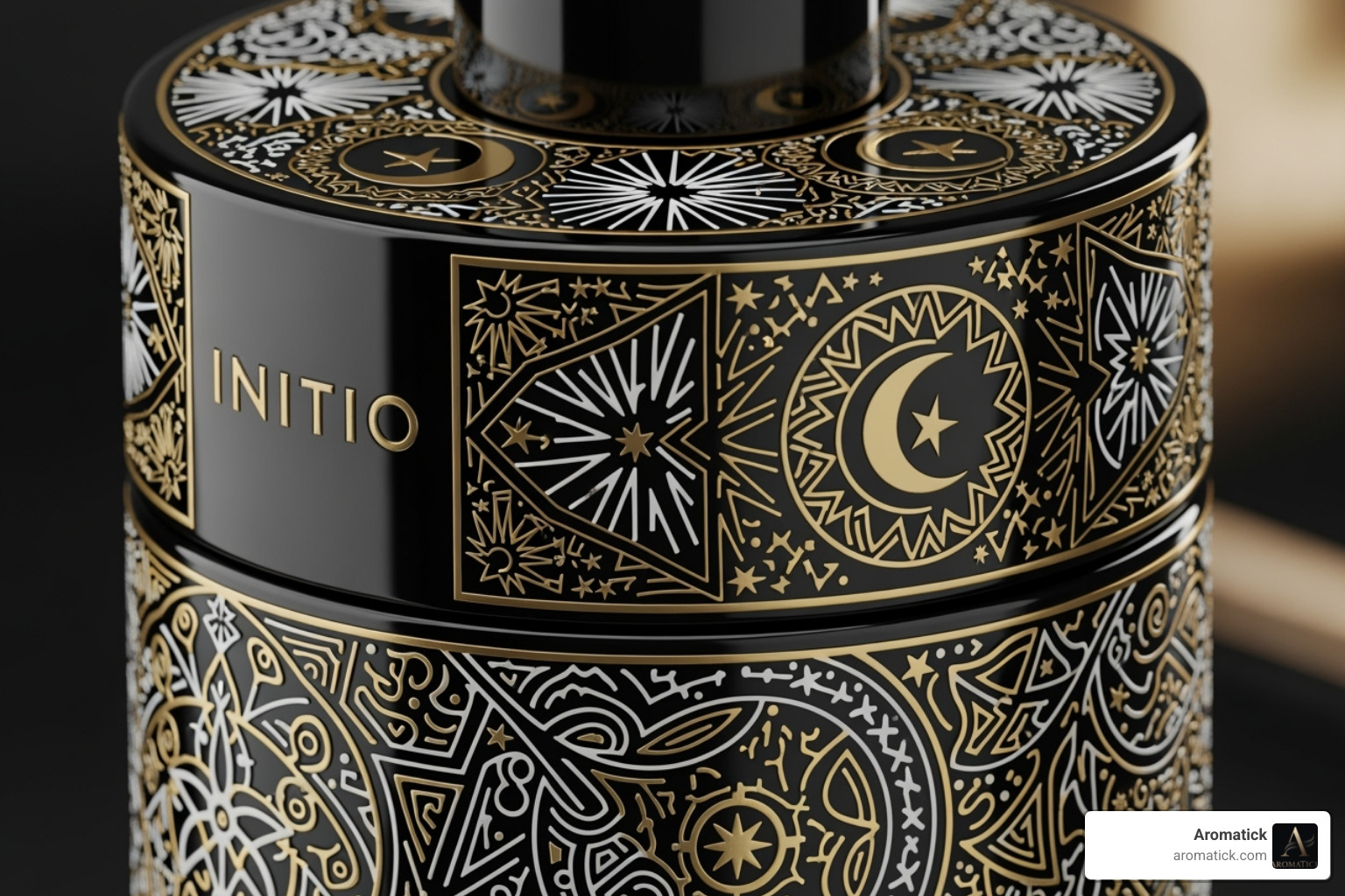 Intricate symbolic design on an Initio bottle - initio parfums niche Intricate symbolic design on an Initio bottle - initio parfums niche