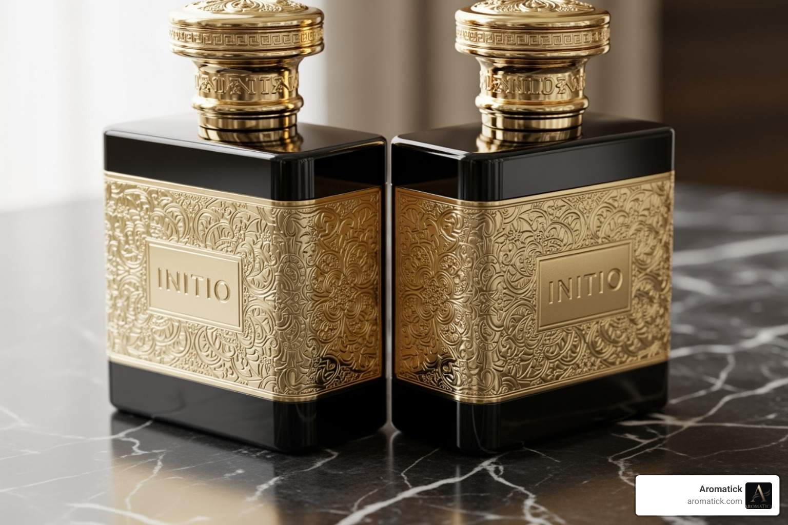 Two Initio bottles positioned for layering - initio parfums niche Two Initio bottles positioned for layering - initio parfums niche