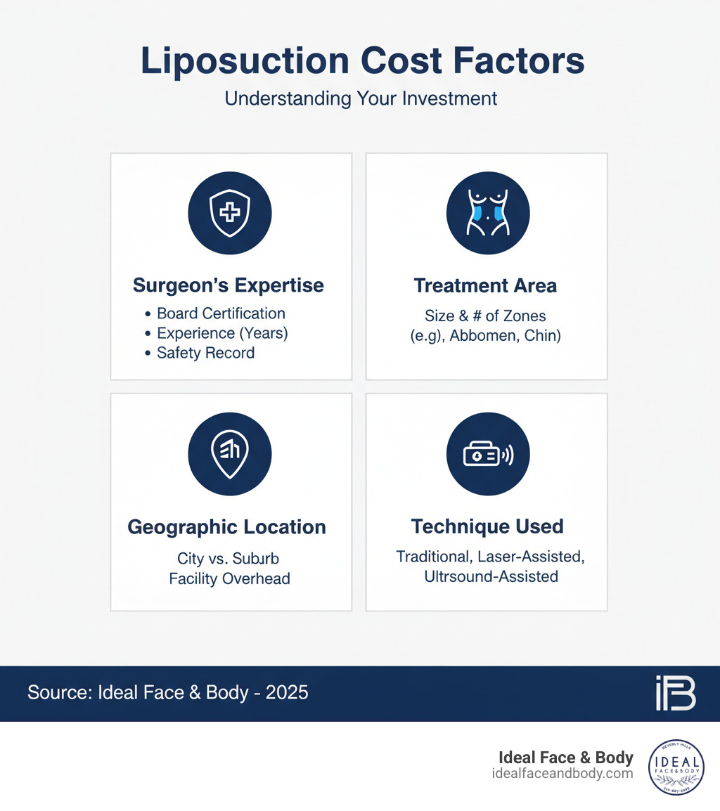 Infographic showing the four main factors that determine liposuction costs: Surgeon's Expertise (including board certification, years of experience, and safety record), Treatment Area (size and number of areas being treated), Geographic Location (metropolitan vs. suburban pricing and facility overhead), and Technique Used (traditional tumescent, laser-assisted, or ultrasound-assisted methods) - how much is liposuction infographic 
