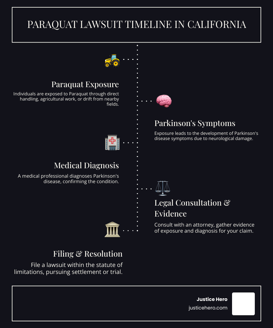 Infographic showing the timeline from Paraquat exposure to filing a lawsuit in California, including key steps: exposure to herbicide, development of Parkinson's symptoms, medical diagnosis, consultation with attorney, evidence gathering, filing claim within statute of limitations, and potential settlement or trial - paraquat lawsuit California infographic infographic-line-5-steps-dark Infographic showing the timeline from Paraquat exposure to filing a lawsuit in California, including key steps: exposure to herbicide, development of Parkinson's symptoms, medical diagnosis, consultation with attorney, evidence gathering, filing claim within statute of limitations, and potential settlement or trial - paraquat lawsuit California infographic infographic-line-5-steps-dark