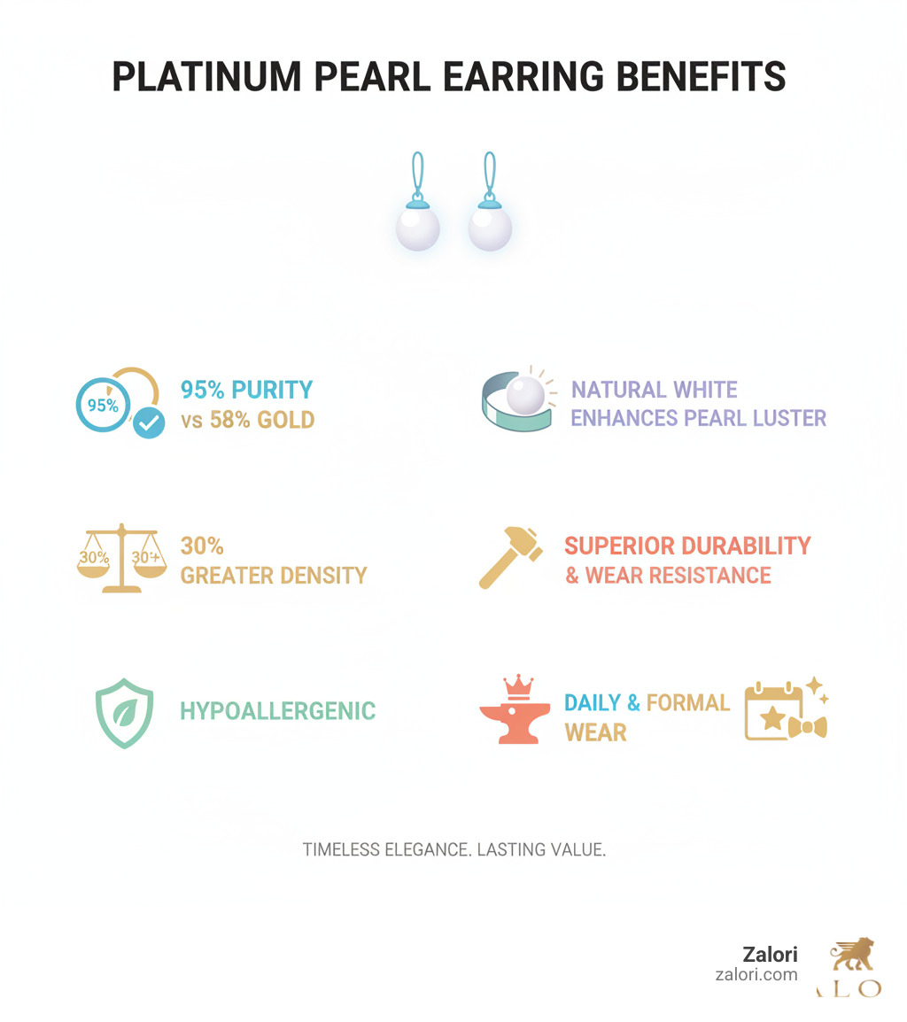 infographic showing platinum pearl earring benefits including 95% purity compared to 58% for gold, 30% greater density, hypoallergenic properties, natural white color that enhances pearl luster, superior durability and wear resistance, and suitability for daily wear and formal occasions - Platinum pearl earrings infographic infographic showing platinum pearl earring benefits including 95% purity compared to 58% for gold, 30% greater density, hypoallergenic properties, natural white color that enhances pearl luster, superior durability and wear resistance, and suitability for daily wear and formal occasions - Platinum pearl earrings infographic