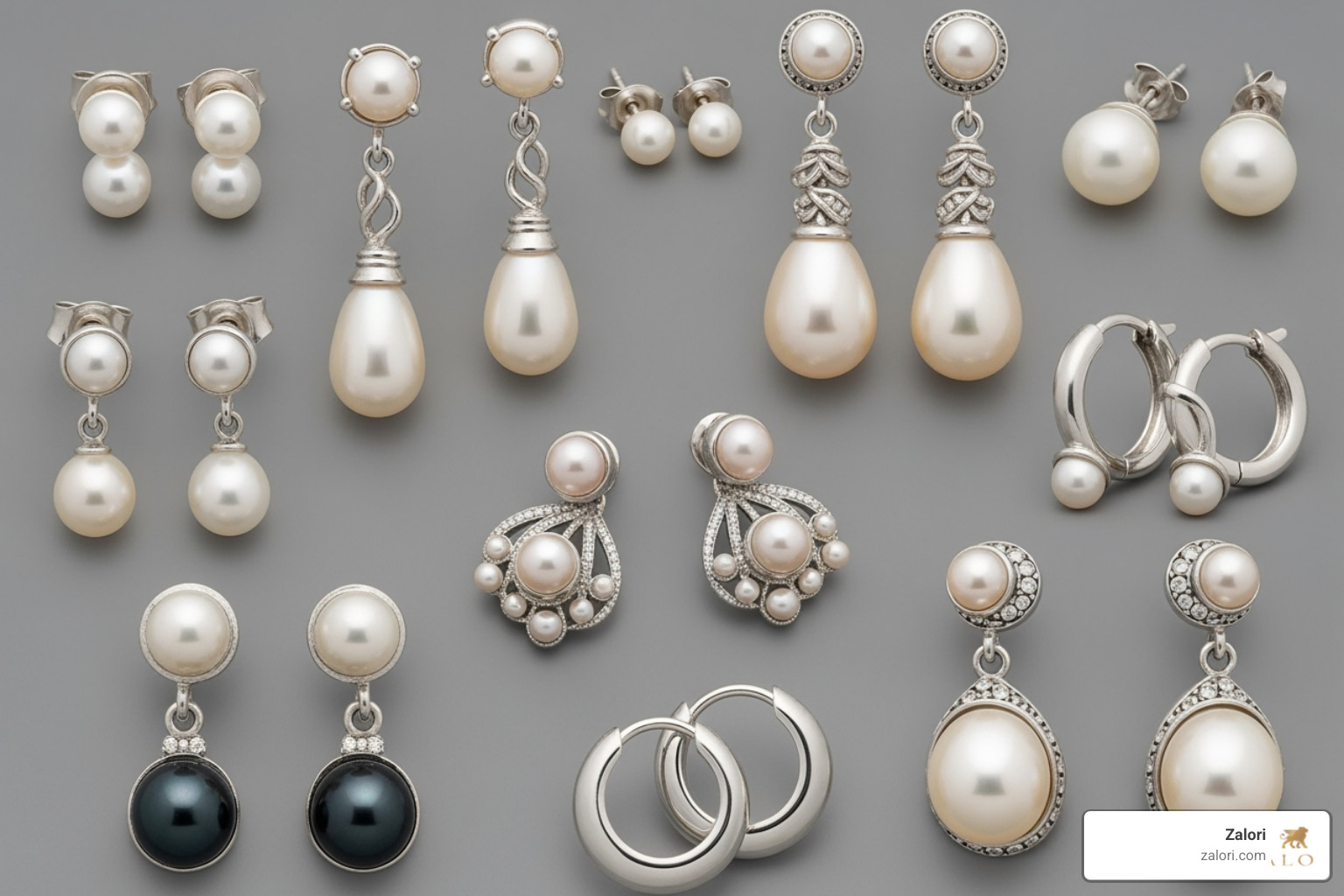 collage of different platinum pearl earring styles (stud, drop, hoop) - Platinum pearl earrings collage of different platinum pearl earring styles (stud, drop, hoop) - Platinum pearl earrings