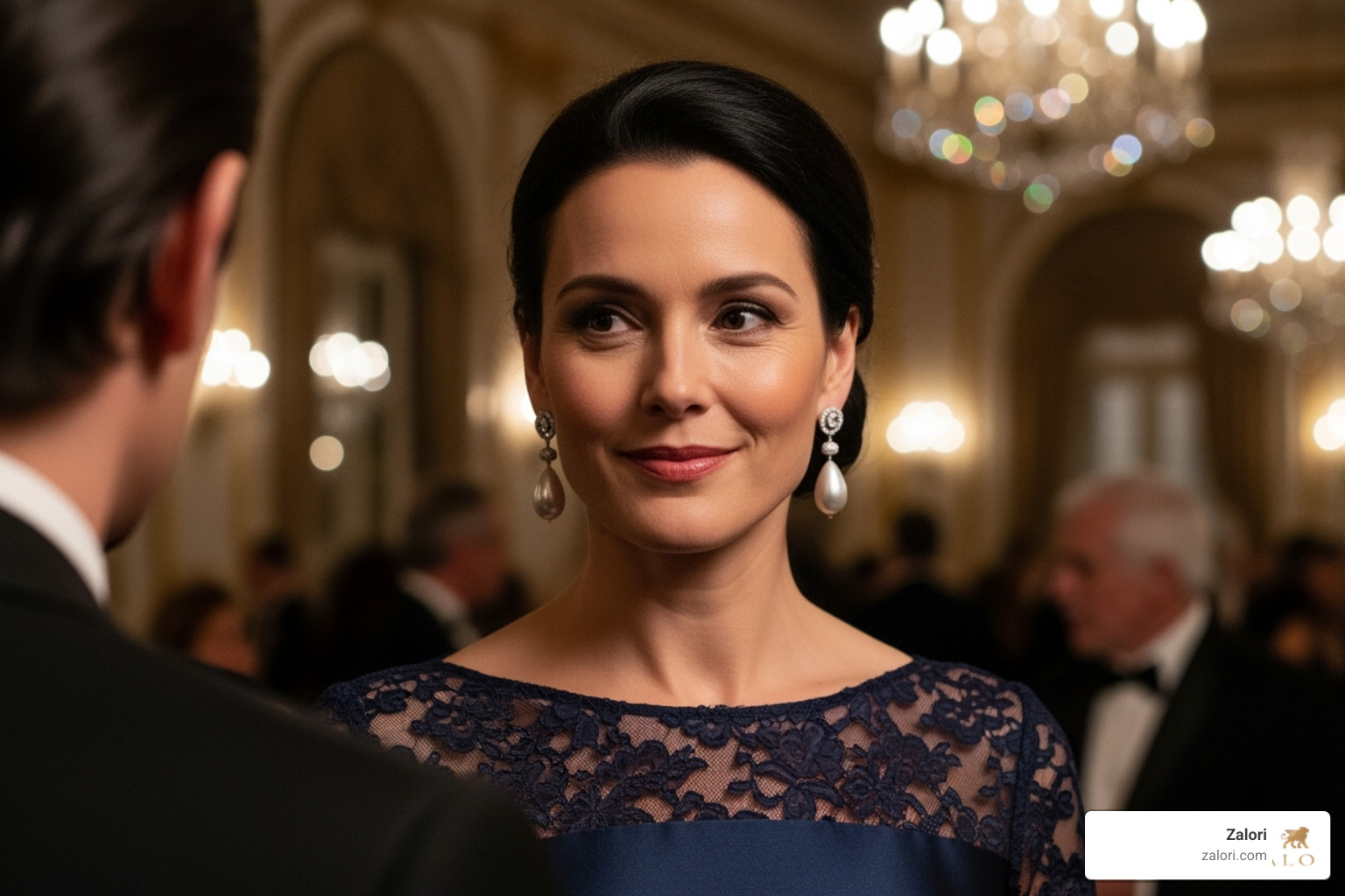 woman neatly dressed for an evening event, wearing platinum pearl drop earrings - Platinum pearl earrings woman neatly dressed for an evening event, wearing platinum pearl drop earrings - Platinum pearl earrings