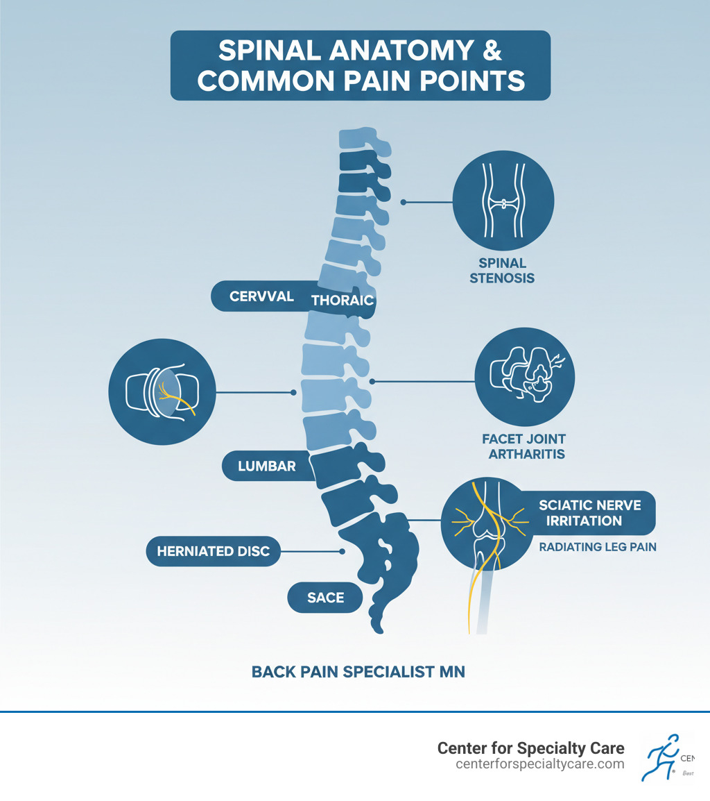Infographic showing the anatomy of the spine with labeled sections (cervical, thoracic, lumbar, sacral) and common pain points including herniated discs in the lumbar region, spinal stenosis, facet joint arthritis, and sciatic nerve irritation radiating down the leg - Back pain specialist MN infographic 