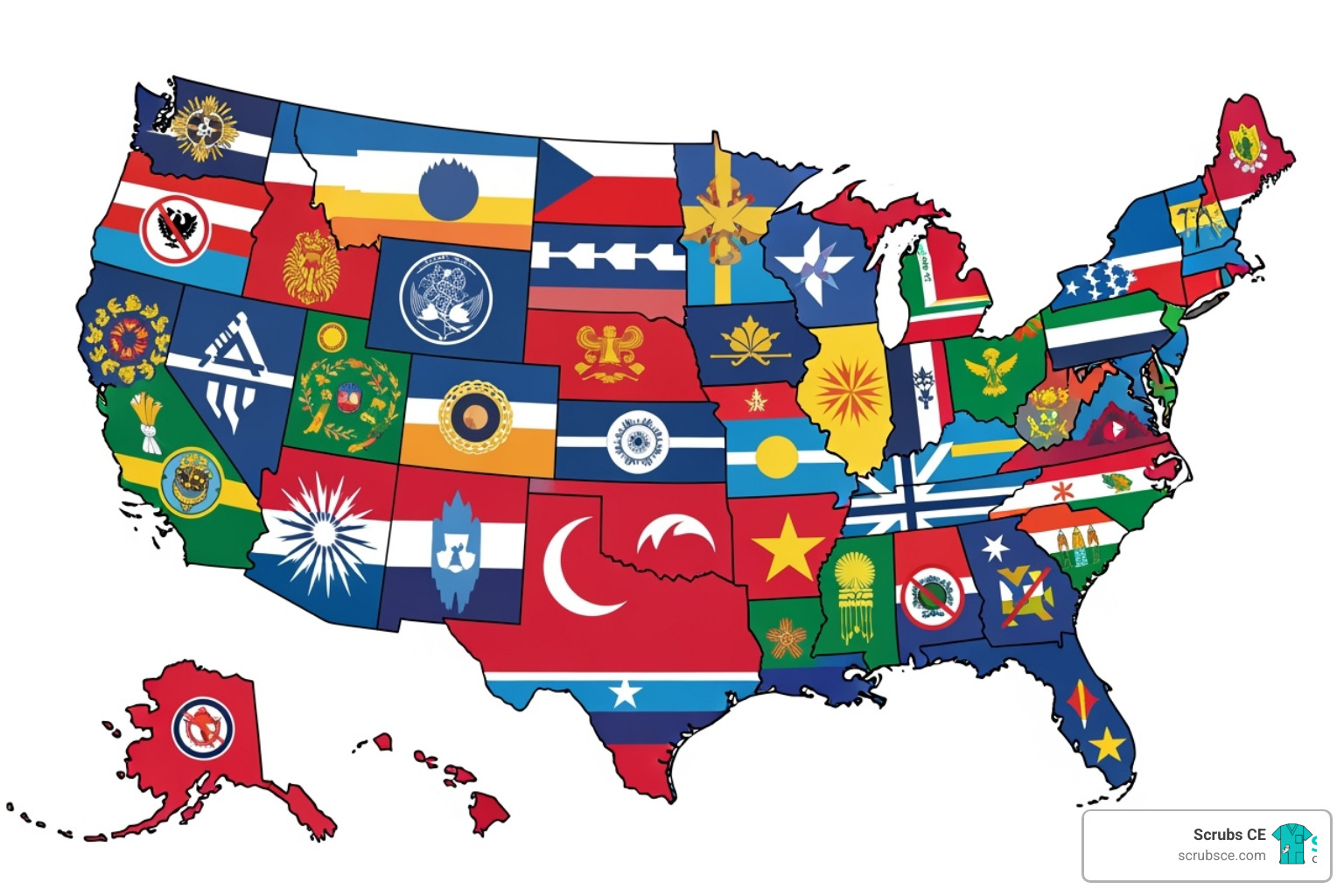 Map of the USA with different state flags symbolizing varying CE requirements - instant ce certificate Map of the USA with different state flags symbolizing varying CE requirements - instant ce certificate
