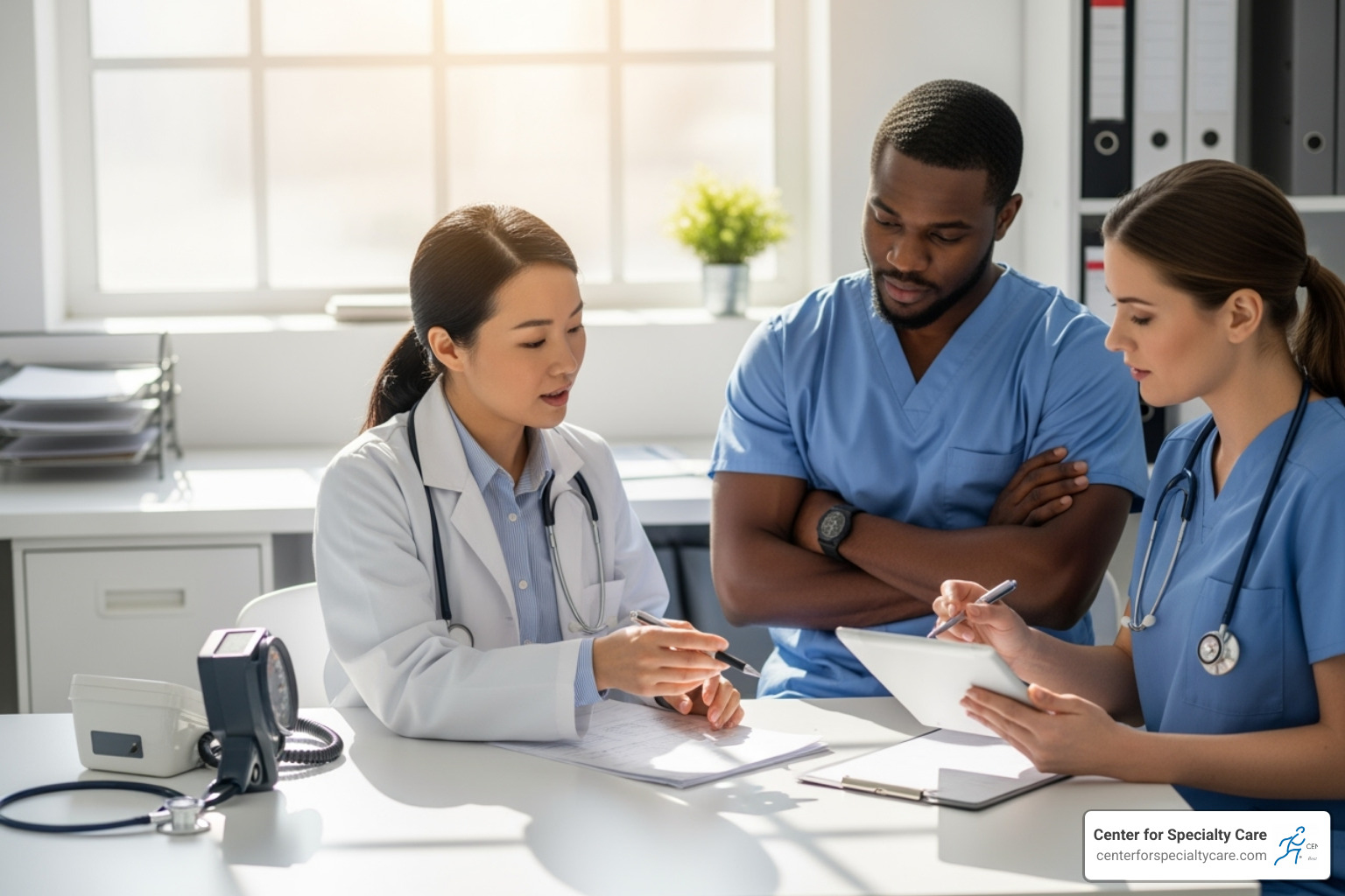 Image of a team of diverse medical providers collaborating, including a doctor, physical therapist, and nurse - Back pain specialist MN