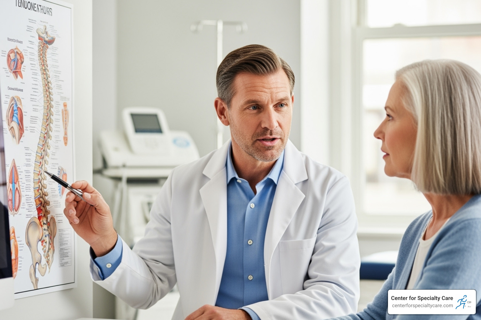 Image of a doctor consulting with a patient about their back pain, pointing to a diagram of the spine - Back pain specialist MN