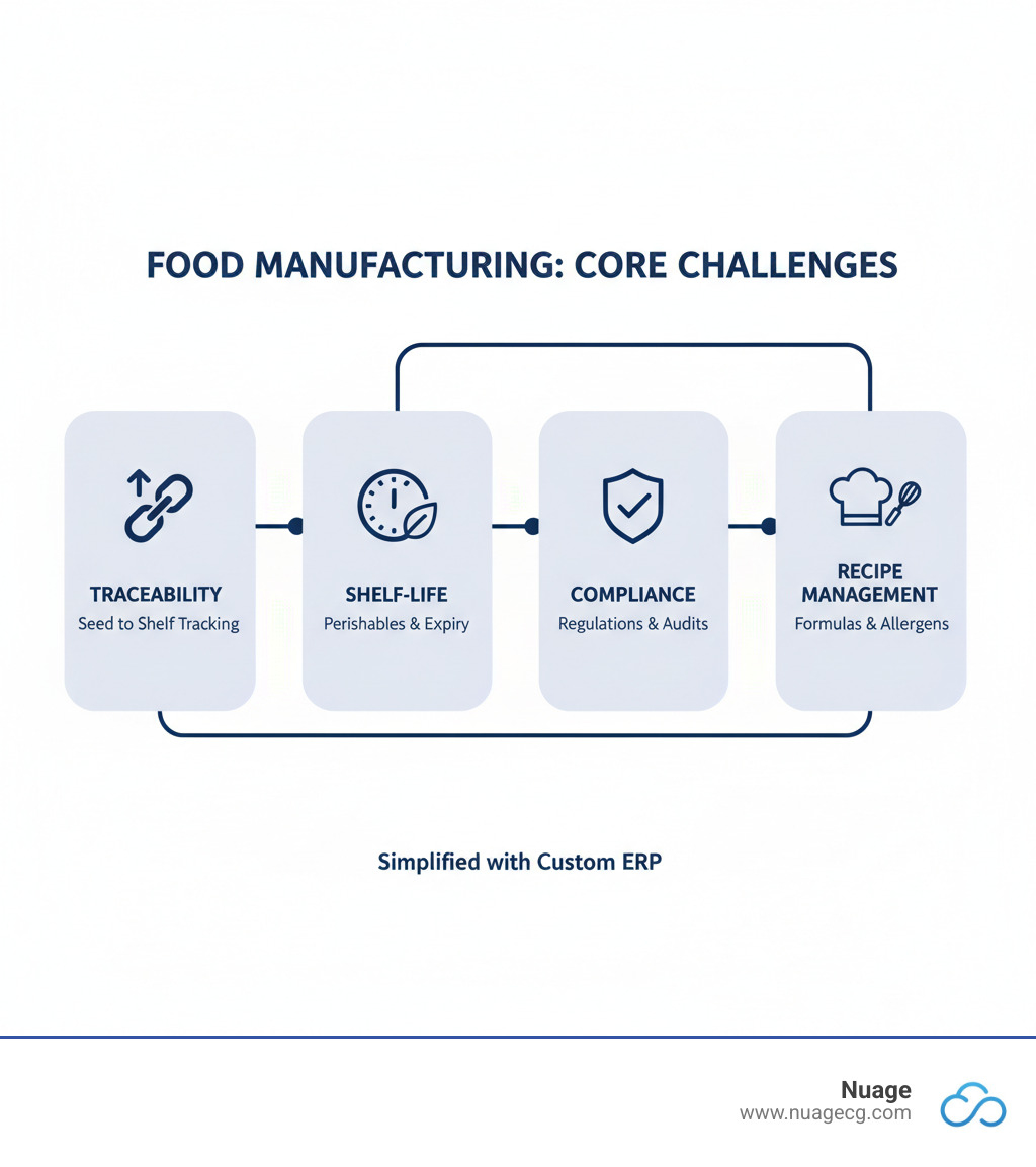 infographic explaining the core challenges in food manufacturing: traceability, shelf-life, compliance, and recipe management - custom erp for food manufacturing infographic infographic explaining the core challenges in food manufacturing: traceability, shelf-life, compliance, and recipe management - custom erp for food manufacturing infographic