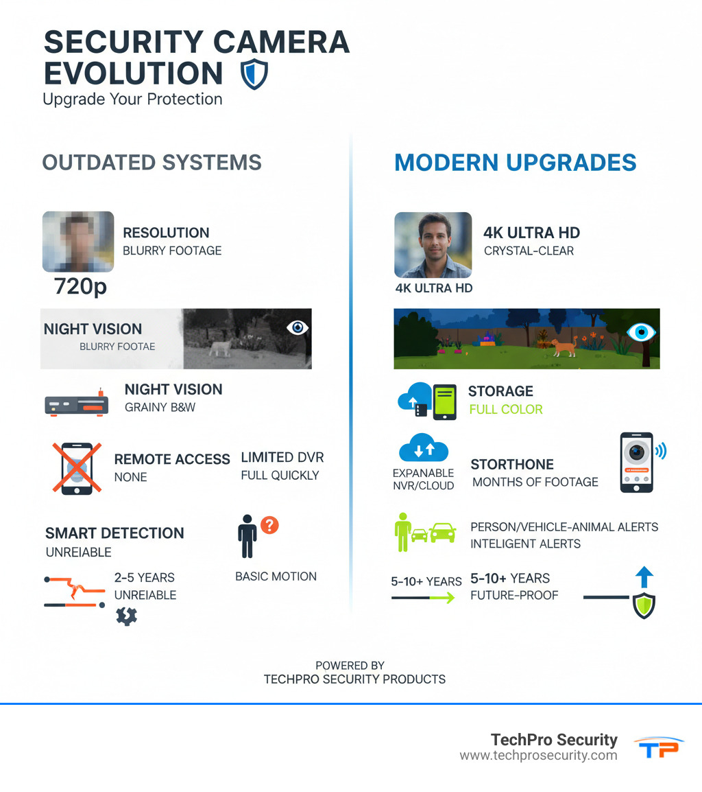 Infographic comparing outdated security camera systems with modern upgraded systems, showing side-by-side comparison of resolution quality (blurry 720p vs sharp 4K), night vision capability (grainy black and white vs full color), storage capacity (limited DVR vs expandable NVR/cloud), remote access (none vs smartphone monitoring), smart detection (basic motion vs person/vehicle/animal alerts), and typical lifespan with upgrade triggers - security camera upgrade infographic 
