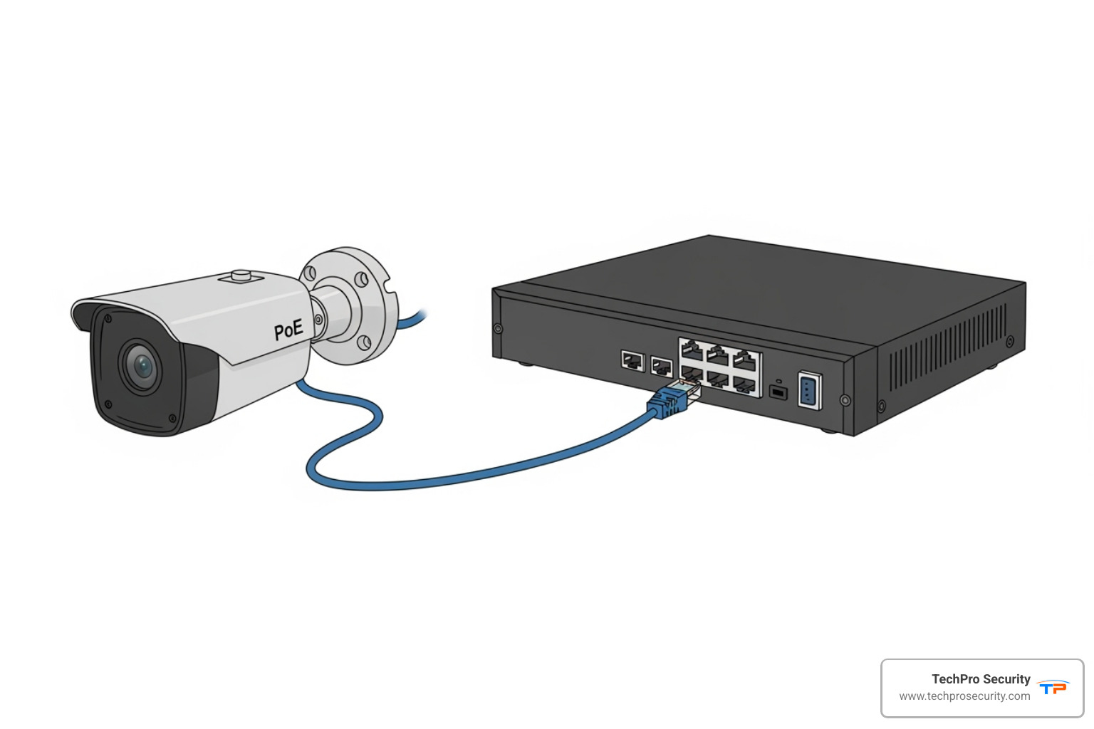 Diagram showing a PoE camera connecting to an NVR with a single Ethernet cable - security camera upgrade