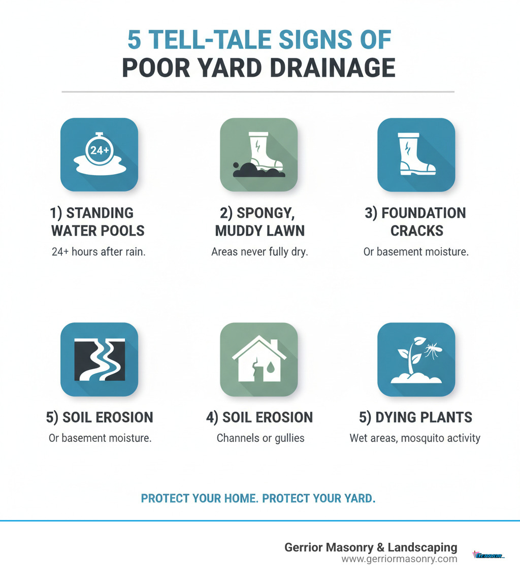 Infographic showing 5 tell-tale signs of poor yard drainage: 1) Standing water pools 24+ hours after rain, 2) Spongy or muddy lawn areas that never fully dry, 3) Foundation cracks or moisture on basement walls, 4) Visible soil erosion creating channels or gullies, 5) Plants dying in consistently wet areas with mosquito activity - yard drainage company near me infographic 