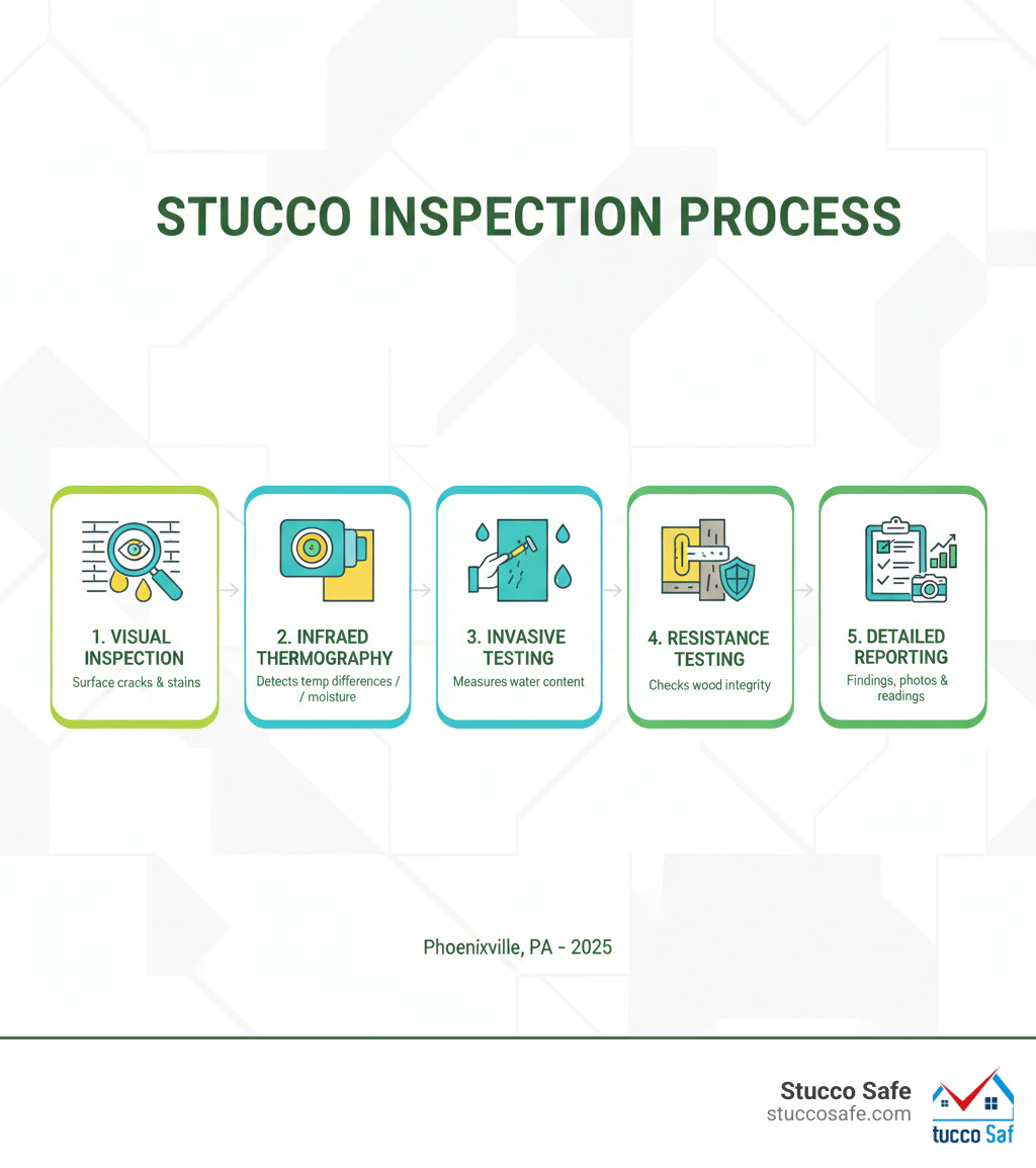 Infographic showing the stucco inspection process: Visual inspection identifies surface cracks and stains, infrared thermography detects temperature differences indicating moisture, invasive testing with moisture probes measures water content in substrate, resistance testing checks wood integrity behind stucco, and detailed reporting documents all findings with photos and moisture readings - stucco inspection Phoenixville infographic Infographic showing the stucco inspection process: Visual inspection identifies surface cracks and stains, infrared thermography detects temperature differences indicating moisture, invasive testing with moisture probes measures water content in substrate, resistance testing checks wood integrity behind stucco, and detailed reporting documents all findings with photos and moisture readings - stucco inspection Phoenixville infographic
